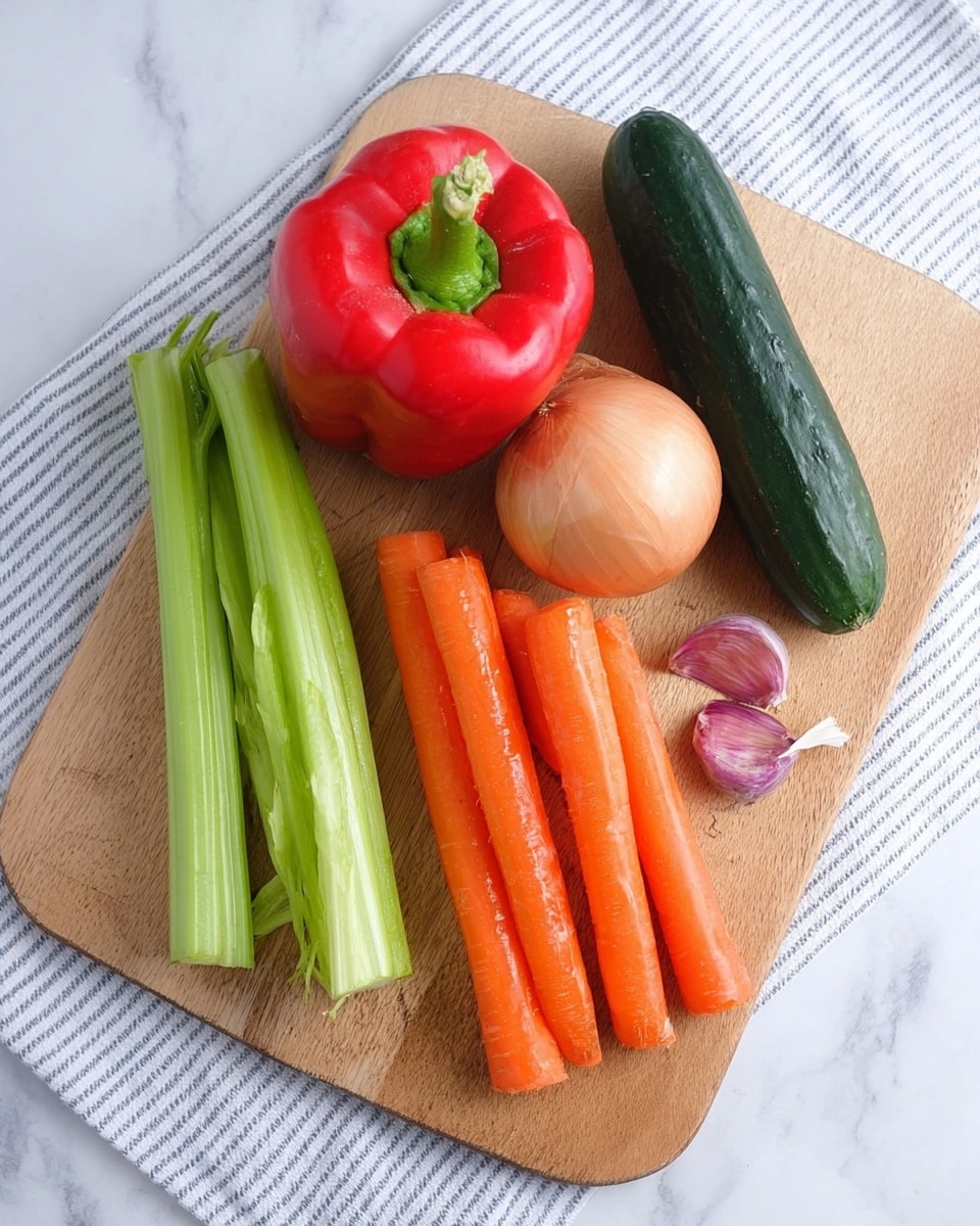 The image shows a wooden cutting board placed on a white marbled surface with a striped cloth underneath. On the board, there is a red bell pepper with a green stem positioned at the top left. Next to it on the right is a dark green cucumber. Below the cucumber is a round, light brown onion. To the left of the onion, two bright green celery stalks lie side by side, pointing diagonally. At the bottom of the board, there are three large orange carrots with slight texture, arranged side by side. On the right bottom, next to the onion, there are two garlic cloves with purple and white peeled skins. The arrangement is neat and natural. Photo taken with an iphone --ar 4:5 --v 7