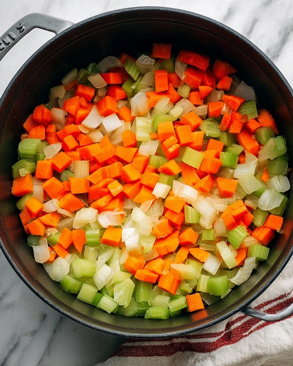A large black pot filled with evenly chopped pieces of orange carrots, light green celery, and translucent white onions. The vegetables are spread out in a single layer covering the bottom of the pot, showing a mix of soft and firm textures. The pot sits on a white marbled surface with a folded cloth showing red stripes on the right side. Photo taken with an iphone --ar 4:5 --v 7