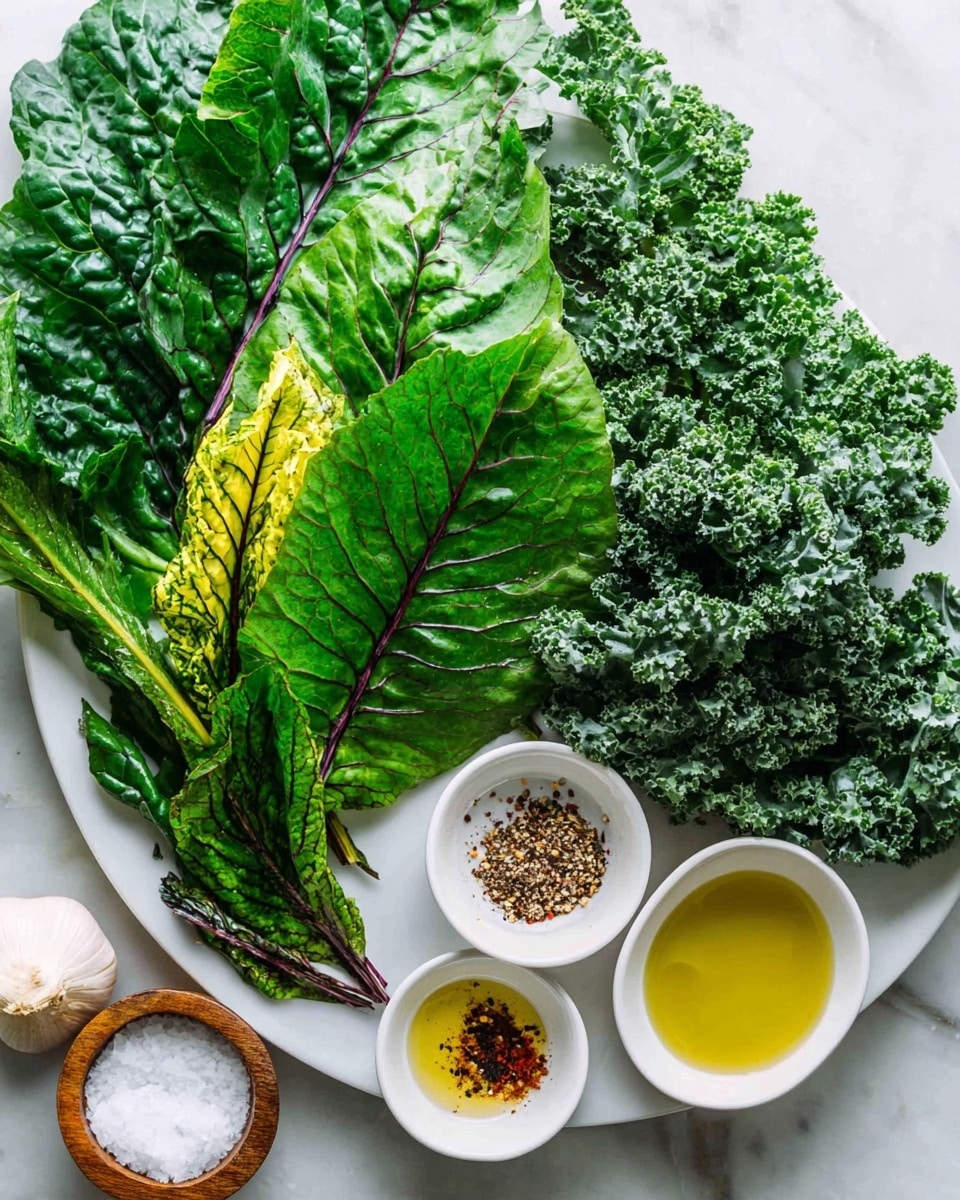 A white round plate is filled with fresh vegetables and small bowls of spices and oil. On the left side, there are large green leaves with bright veins, some yellow and some purple colored. Above and around these leaves, there are curly dark green kale leaves with white edges. To the right side of the plate, there are three small white bowls arranged in a triangle, holding golden oil, crushed red pepper, and ground black pepper. Next to these is a small wooden bowl with coarse salt, and a white garlic bulb partially visible on the white marbled surface. The image looks fresh and colorful, showing natural textures and vibrant greens. Photo taken with an iphone --ar 4:5 --v 7