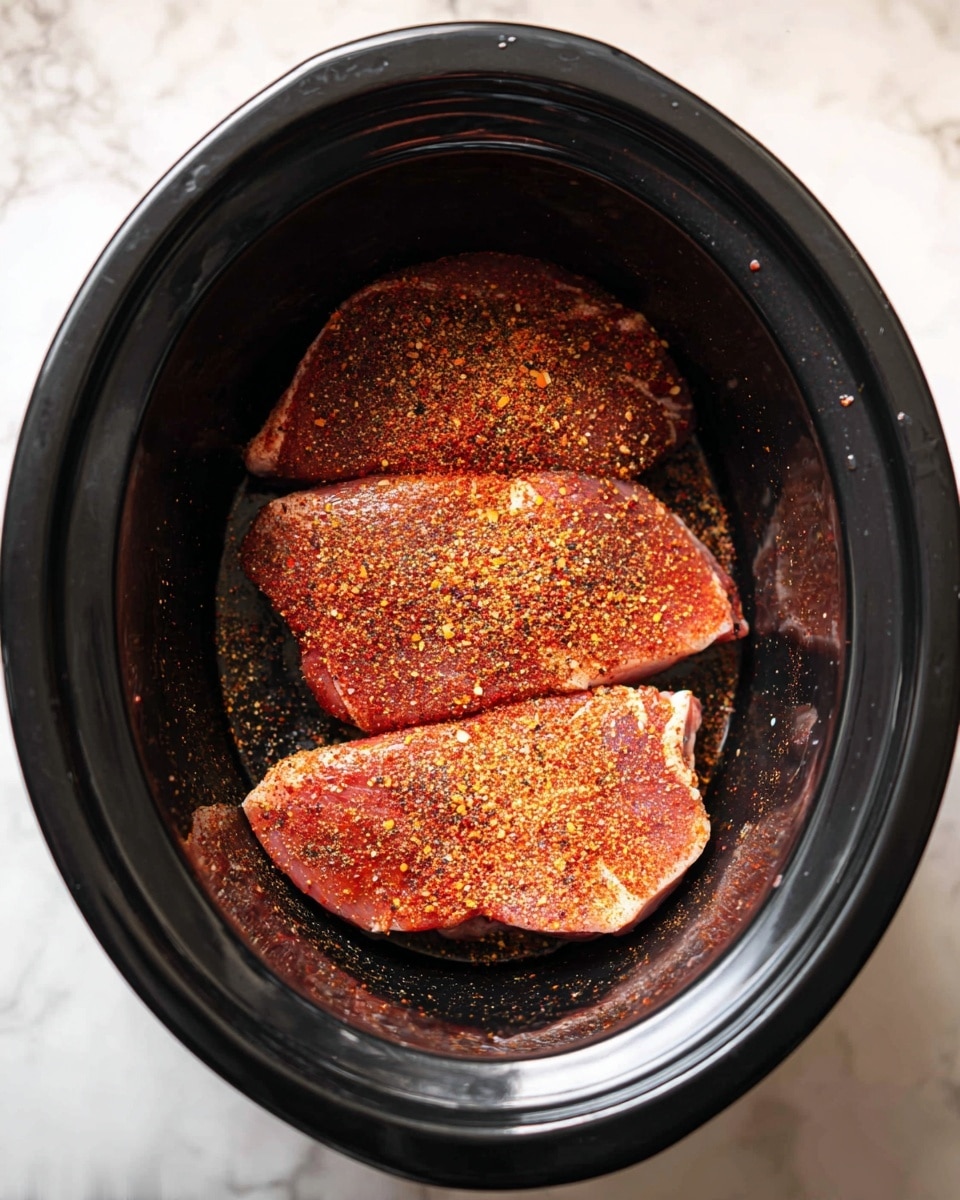 The image shows three raw pieces of meat placed inside a black slow cooker. Each piece is evenly covered with a layer of red and orange spices, with visible flakes of chili and powdered seasoning spread over the light pink meat. The black inner surface of the slow cooker contrasts with the warm colors of the seasoned meat, and the device sits on a white marbled surface. The photo is taken from above, showing the arranged pieces closely nestled together, ready for cooking. photo taken with an iphone --ar 4:5 --v 7