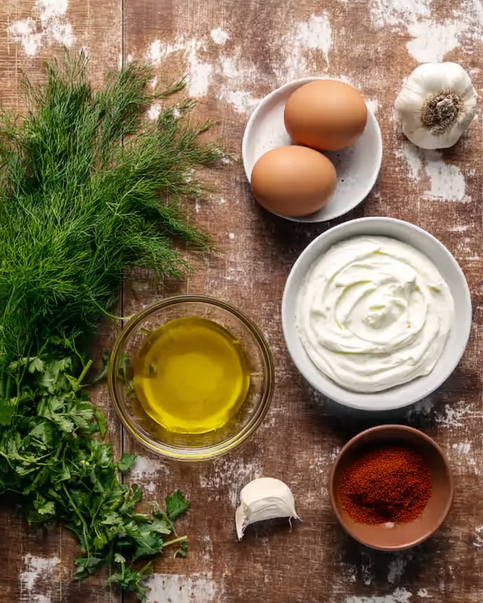 The image shows a variety of cooking ingredients arranged on a rustic brown wooden surface. On the left side, there are fresh green herbs including dill and parsley lying flat. Near the center, there's a small white bowl filled with golden-yellow olive oil. To the right of that is a clear glass bowl containing smooth, white yogurt with a small swirl on top. Above the yogurt bowl is a white bowl holding two brown eggs. Next to the eggs is a peeled clove of garlic. On the far right, there's a small brown bowl with a red spice powder inside. The background has been changed to a white marbled texture. photo taken with an iphone --ar 4:5 --v 7