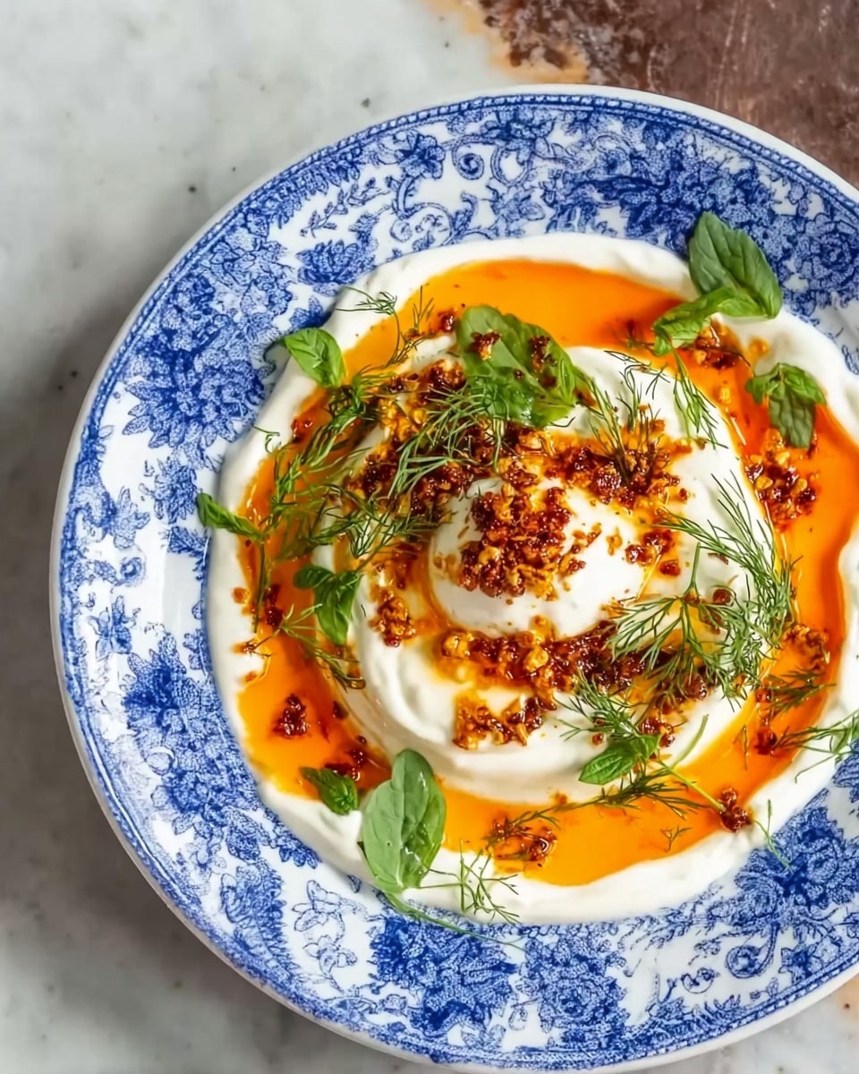 The dish is served in a white plate with a blue floral pattern around the edge, placed on a white marbled surface. The food has three main layers: the bottom layer is creamy and white, spread evenly across the plate; the middle layer is a round dollop of thick white cream or yogurt, centered on the plate; the top layer features a bright orange sauce drizzled in a circular pattern over the white cream, sprinkled with small brownish-red crispy bits. Fresh green herbs, including sprigs of dill and some larger green leaves, are placed on top, adding color and freshness to the dish. Photo taken with an iphone --ar 4:5 --v 7