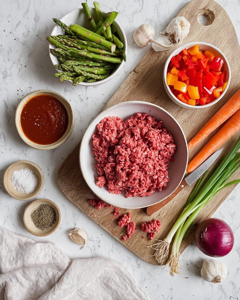 The image shows a white bowl full of raw ground meat placed slightly right in the middle on a wooden cutting board. To the top left of the board is a white bowl with fresh green asparagus cut into pieces. Near the top center is a white bowl filled with finely chopped red and orange bell peppers. On the right side of the board, there is a whole carrot, two green onions, and a purple onion. Near the bottom left of the board is a small beige bowl with salt and pepper, and next to it a bowl with a thick red sauce. There are also garlic cloves and a bulb of garlic near the bottom. A small knife with a wooden handle lies on the left side of the board over some asparagus pieces. All of this is on a white marbled surface, and a white cloth is placed near the bottom right corner. Photo taken with an iphone --ar 4:5 --v 7