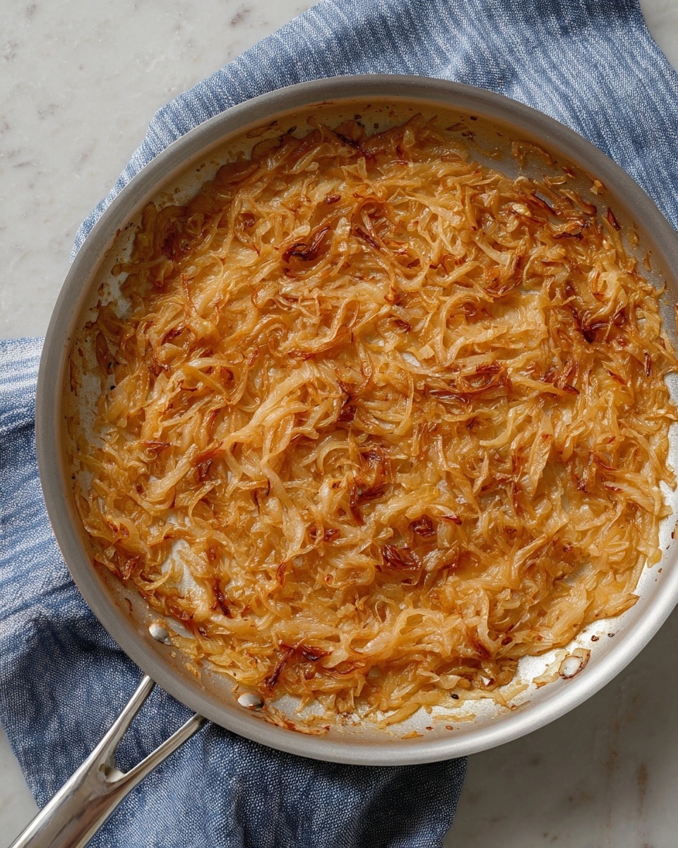 The image shows a round, silver frying pan with a single layer of golden-brown caramelized onions spread evenly across the bottom. The onions have a soft, slightly stringy texture with some darker browned edges, creating a mix of light amber and deeper caramel colors. The pan rests on a blue and white striped cloth on a white marbled surface. The lighting highlights the glossy, cooked texture of the onions, giving the dish a warm and inviting look. Photo taken with an iphone --ar 4:5 --v 7