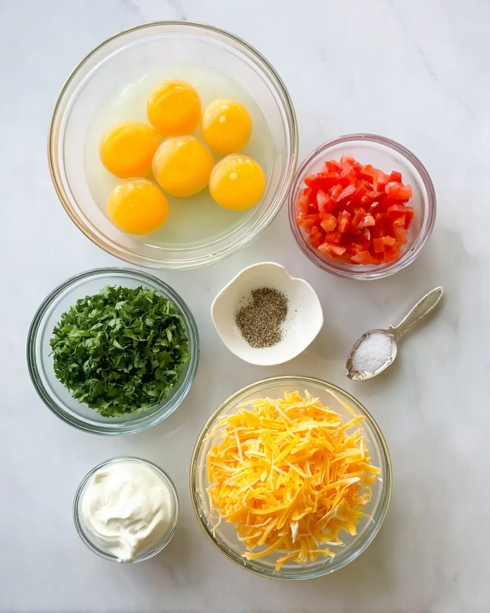 The image shows six clear glass bowls arranged on a white marbled surface. In the largest bowl at the top left, there are eight whole raw eggs with bright yellow yolks floating in clear whites. To the right of this bowl, a small glass bowl contains finely chopped red tomatoes. Below the tomato bowl, a medium clear glass bowl is filled with roughly chopped green herbs. On the left side below the egg bowl, another medium clear glass bowl holds shredded yellow cheddar cheese. Below the bowls with cheese and herbs, there is a tiny glass bowl with white sour cream. Lastly, a small porcelain spoon contains a mix of black pepper and garlic powder. Photo taken with an iphone --ar 4:5 --v 7