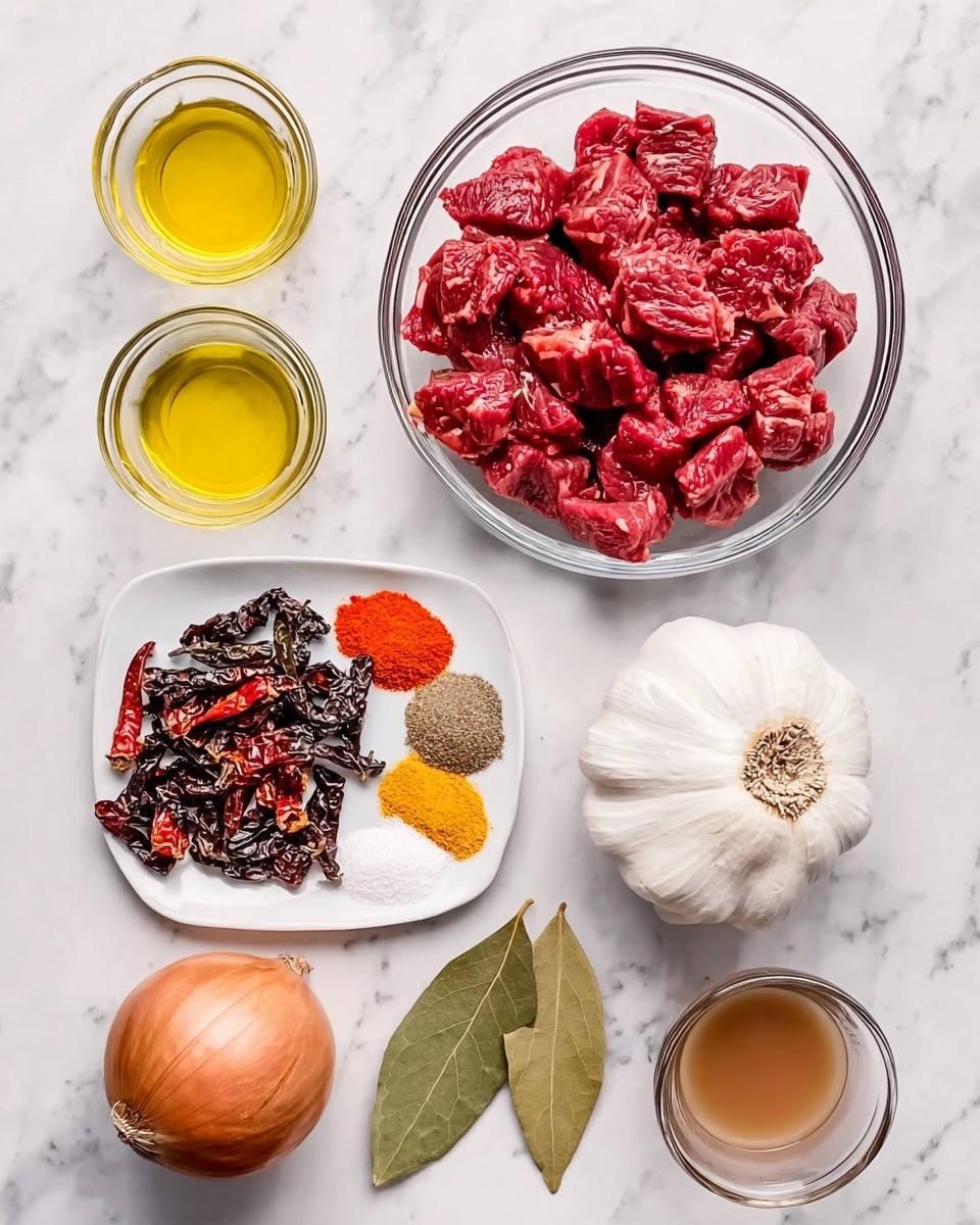 The image shows multiple bowls and plates with raw cooking ingredients arranged neatly on a white marbled surface. At the center is a clear glass bowl filled with bright red chunks of raw meat. Below it, a white plate holds a mix of dried red chilies and dark dried peppers. To the left, small clear bowls contain golden oil and white powder. Above the meat, a white plate carries several colorful spices in small piles, including yellow, red, brown, and white powders, along with two green bay leaves. To the right of the spice plate, a whole white garlic bulb and a large brown onion rest directly on the marble. Below the onion, another clear bowl holds a light brown liquid. The composition is clean and organized, with a woman's hand not visible in this scene. Photo taken with an iphone --ar 4:5 --v 7