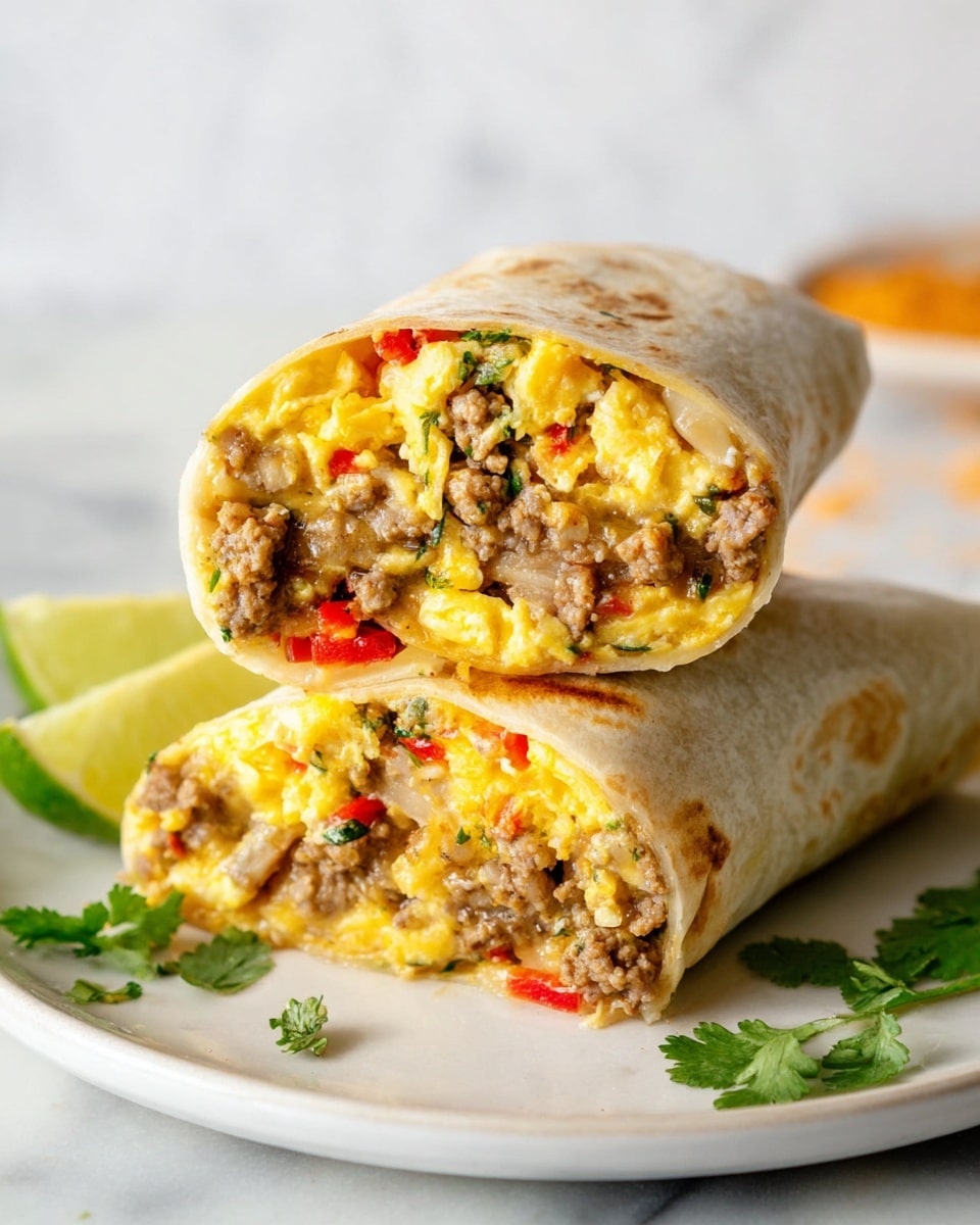 The image shows a close-up of a breakfast burrito cut in half and stacked, revealing three main layers inside a light tan tortilla. The bottom layer consists of cooked ground meat with a finely crumbly texture and a light brown color. Above that is a layer of scrambled eggs, soft and fluffy, with a bright yellow hue mixed with small bits of melted cheese that add a creamy orange tone. Small pieces of red bell pepper and green herbs are scattered throughout the filling for added color contrast. The burrito halves rest on a white plate with a wedge of lime and sprigs of fresh green herbs on the white marbled surface around it. Photo taken with an iphone --ar 4:5 --v 7