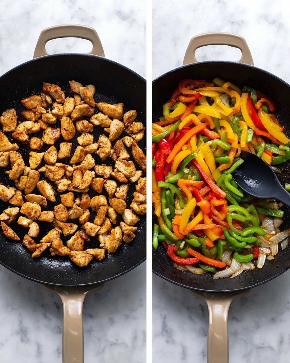 The image shows two black pans with tan handles on a white marbled surface. The left pan contains one layer of small, golden brown cooked chicken pieces spread evenly across the pan, with a slightly crispy texture. The right pan shows one layer of cooked vegetables including bright red, yellow, and green bell pepper strips mixed with small, cooked white onion pieces, all lightly browned and glistening as they are stirred with a black spoon. Photo taken with an iphone --ar 4:5 --v 7