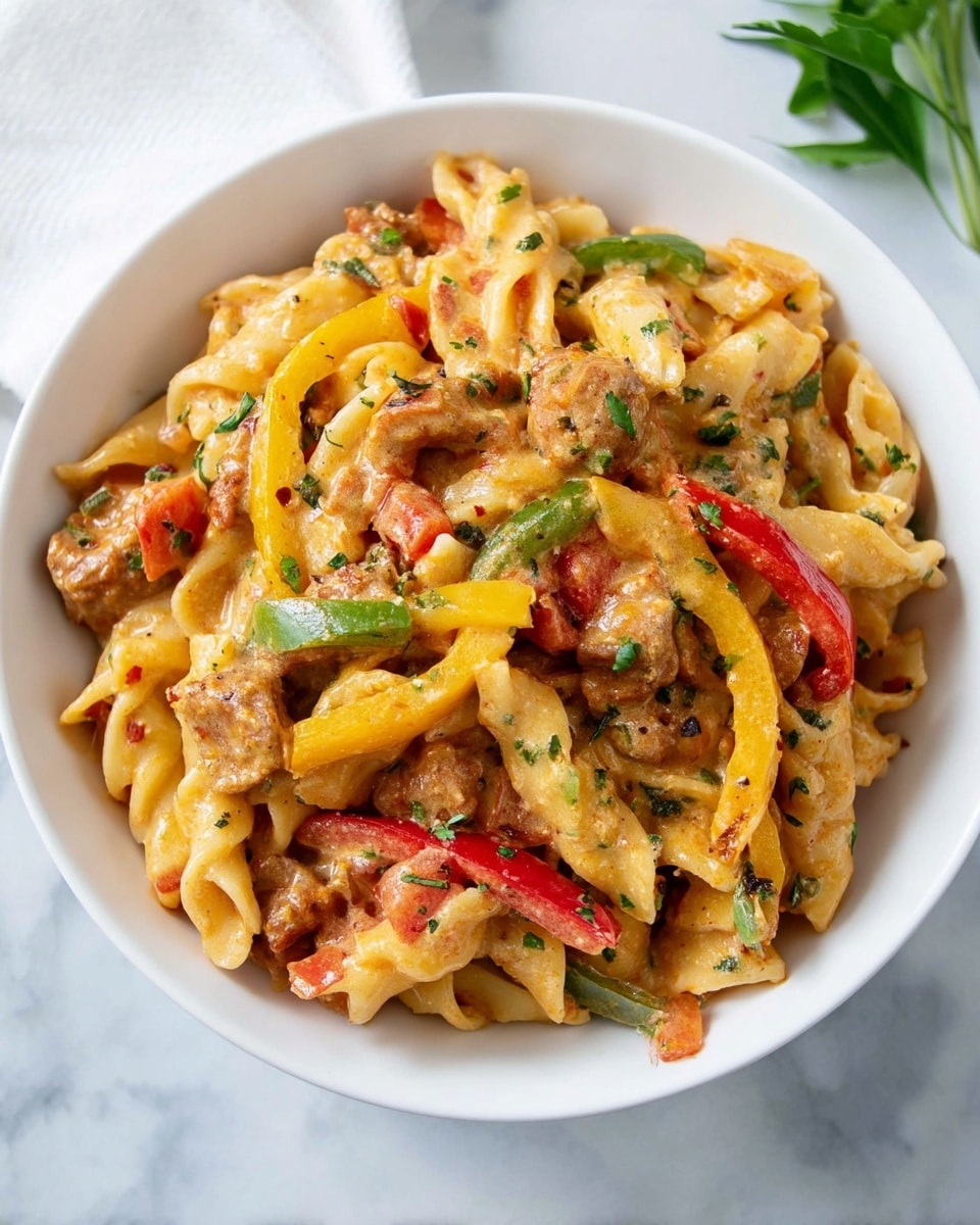 The image shows a white bowl filled with creamy pasta mixed with colorful bell pepper strips in red, yellow, and green. The pasta pieces are thick and coated in a light orange sauce, with small bits of herbs sprinkled throughout. Chunks of meat and diced red tomatoes are mixed evenly into the dish. The bowl sits on a white marbled surface, and a green herb is slightly visible near the edge of the frame. photo taken with an iphone --ar 4:5 --v 7