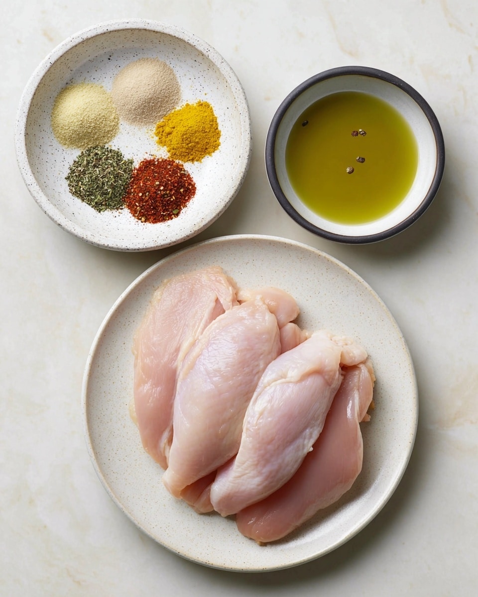 A white speckled plate holds four raw, pale pink chicken pieces layered slightly over each other, showing smooth and fresh textures. Above to the left, a white speckled bowl contains seven different spices arranged in small neat piles forming a circle with varied colors: a pale beige, bright yellow, green herbs, light yellow paste, dark brown, black pepper mix, and reddish powder. To the right of it, a small white bowl with a dark rim is filled almost to the top with shiny, light green olive oil with visible small specks. All items rest on a white marbled surface. photo taken with an iphone --ar 4:5 --v 7