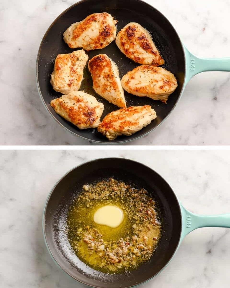 The first image shows a light turquoise cast iron pan on a white marbled surface, with four pieces of cooked chicken breasts arranged closely but not overlapping; the chicken is golden brown with some darker spots, showing a slightly crispy texture. The second image features the same pan now empty except for a small dollop of light yellow butter melting in the middle, surrounded by a thin layer of cooking oil and small browned bits from the chicken, all on the same white marbled surface. photo taken with an iphone --ar 4:5 --v 7
