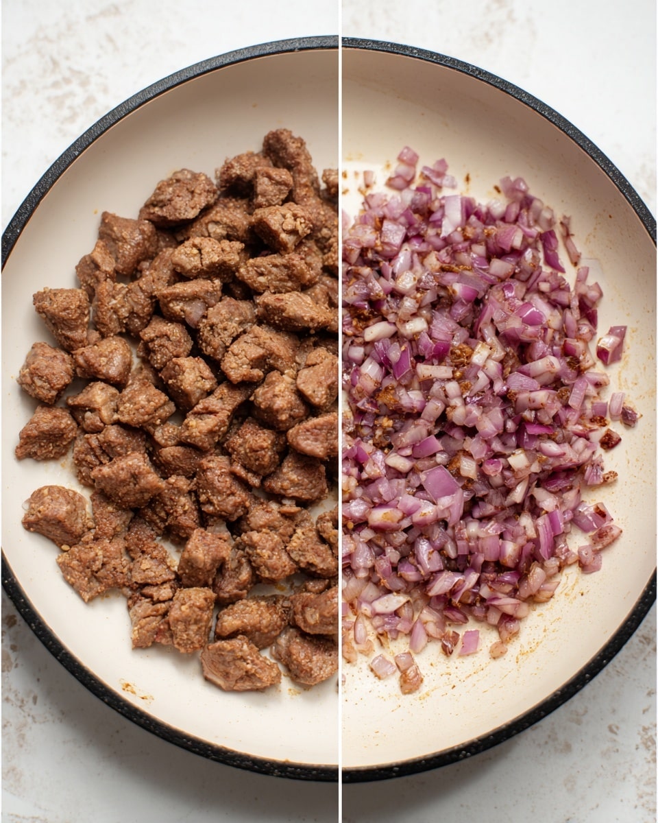The image shows two separate close-ups of cooking ingredients in a white pan with a black rim, placed on a white marbled surface. On the left side, there are many irregularly shaped brown cooked meat pieces, with a coarse texture visible on each piece. On the right side, the pan contains small, soft-looking pieces of cooked red onion with a shiny, slightly translucent appearance, scattered evenly across the bottom of the pan. The onions show some light browning, and the pan's light interior contrasts with the dark onion bits. photo taken with an iphone --ar 4:5 --v 7