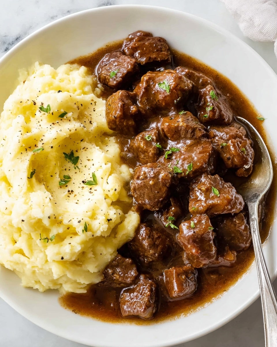 A white plate holds a serving of brown beef stew pieces coated in a glossy brown gravy, scattered with small green herb bits on top. Next to the stew, there is a smooth, creamy mound of pale yellow mashed potatoes with black pepper specks, shaped with soft peaks and valleys. A silver spoon rests on the right edge of the plate. The plate is set on a white marbled surface. Photo taken with an iphone --ar 4:5 --v 7