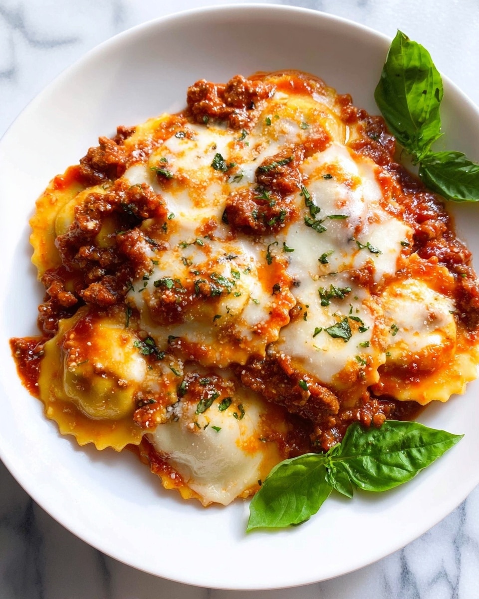A white plate filled with one layer of round ravioli covered in thick red tomato sauce mixed with brown meat bits; on top, melted white cheese spreads unevenly with some golden brown spots, garnished with small green herb sprinkles and two fresh green basil leaves on the side. The background is a white marbled texture. photo taken with an iphone --ar 4:5 --v 7