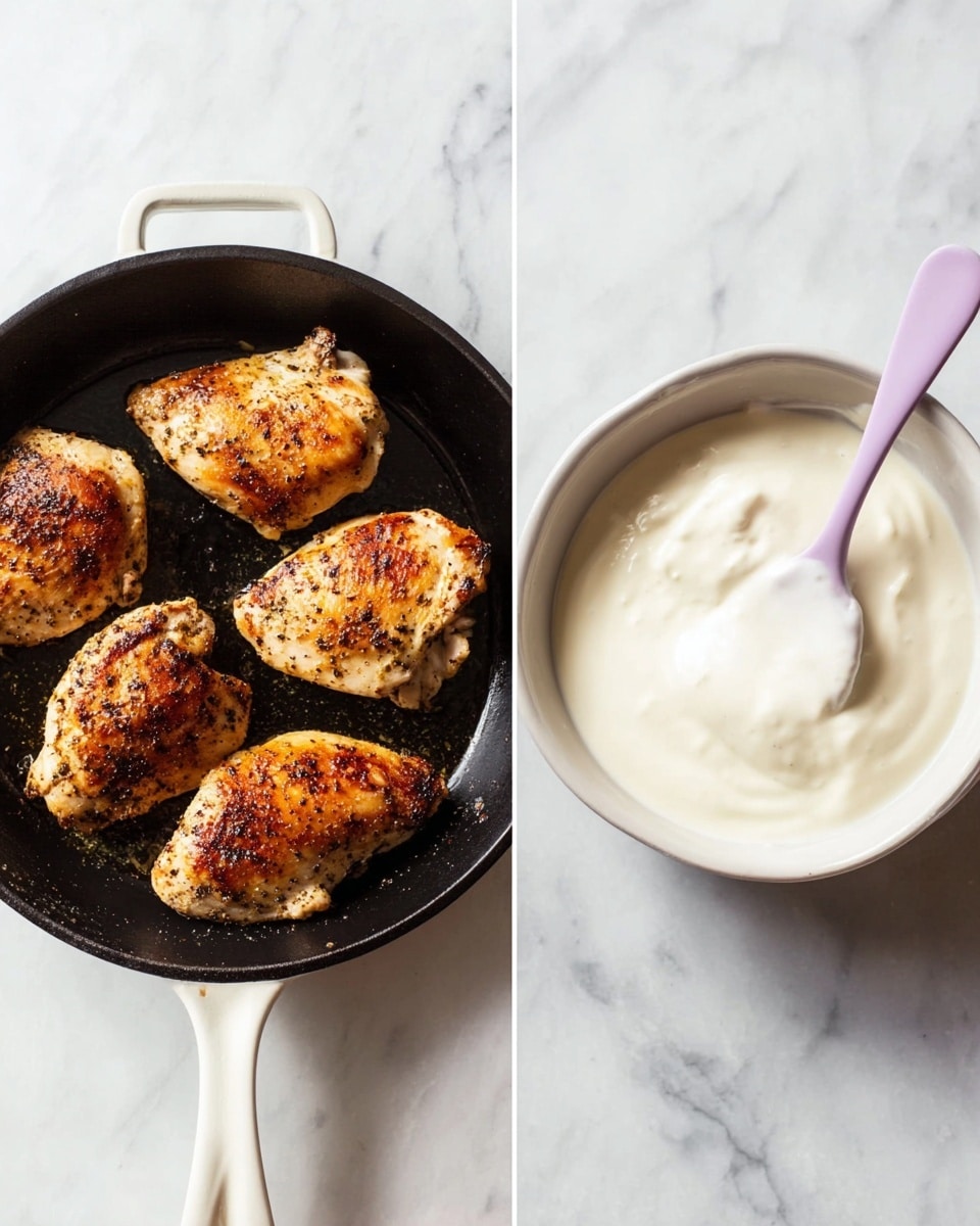 The image shows two parts: on the left, four cooked chicken pieces with a golden brown color and specks of black pepper sit in a black cast iron skillet with a white handle, placed on a white marbled surface. On the right, a white bowl filled with smooth white creamy sauce has a light purple spoon resting inside, also set on the same white marbled surface. Photo taken with an iphone --ar 4:5 --v 7