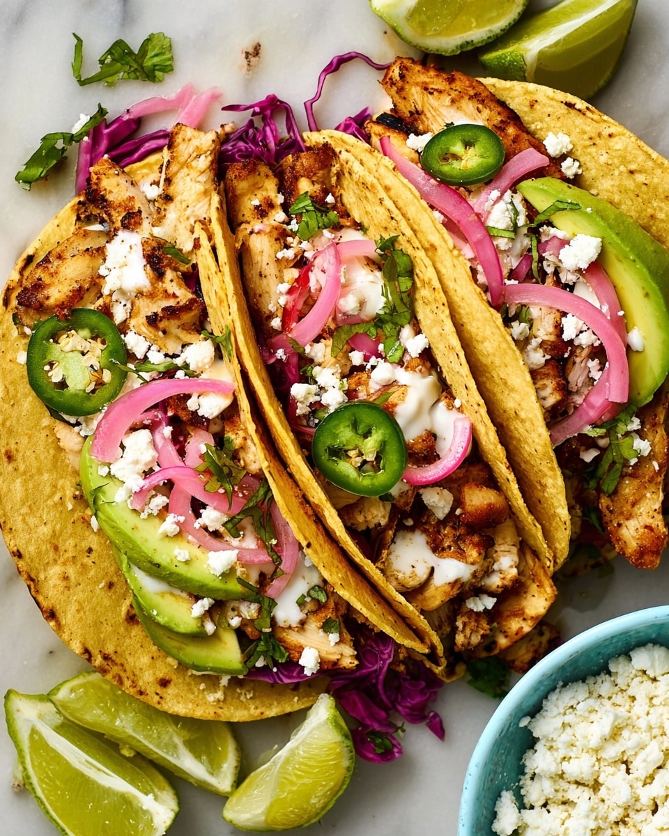 Three tacos sit side by side on a white marbled surface, each wrapped in a lightly toasted yellow corn tortilla shell. Inside, layers start with small pieces of grilled chicken, which are golden brown with crispy edges. On top of the chicken, there are slices of creamy green avocado, thin strips of pink pickled onions, and small rings of bright green jalapeño. Scattered white cheese crumbles and drops of white sour cream-like sauce add contrast throughout. Shredded purple cabbage adds a touch of color underneath the toppings, and fresh green cilantro leaves are placed here and there inside and around the tacos. Several lime wedges are placed nearby on the white marbled surface, and part of a light blue bowl filled with white cheese crumbles appears on the right side of the image. photo taken with an iphone --ar 4:5 --v 7