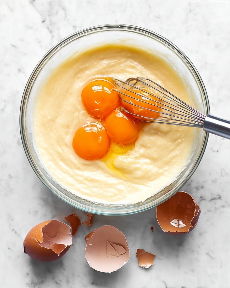 A clear glass bowl sits on a white marbled surface, filled with a thick, creamy pale yellow batter. On top of the batter, there are three raw egg yolks with a glossy, bright orange color, surrounded by the translucent egg whites. A silver metal whisk rests inside the bowl, partially immersed in the mixture, with thin shiny wires touching the batter. Near the bowl, three cracked brown eggshells with uneven edges lie randomly on the white marbled surface. Photo taken with an iphone --ar 4:5 --v 7