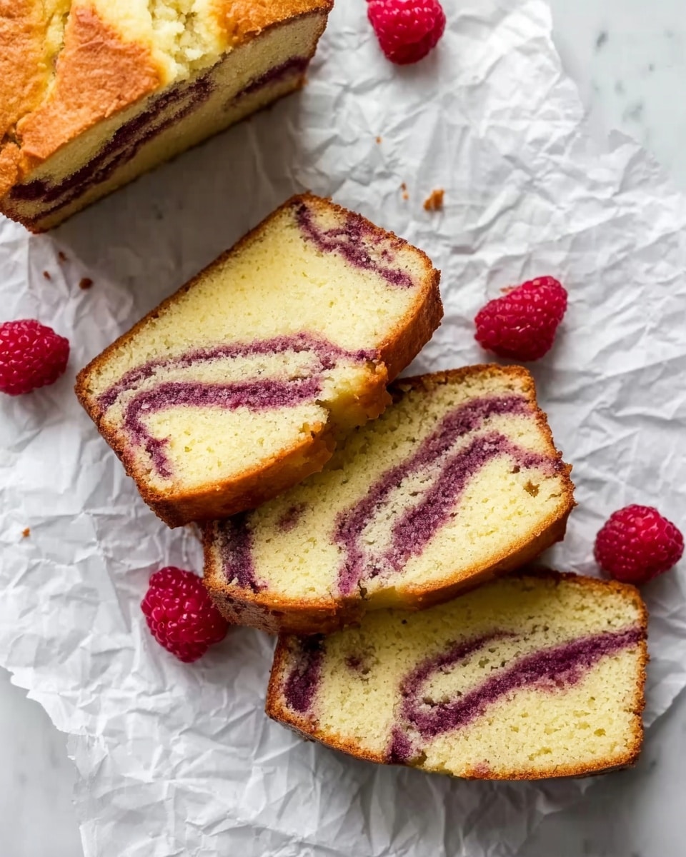 The image shows four slices of a loaf cake arranged in a slightly overlapping manner on crinkled white paper, placed on a white marbled surface. Each slice has two main layers: a light yellow crumb that looks soft and moist, and a purple swirl running through the middle that adds a marbled pattern. The cake has a slightly darker golden-brown crust along the edges. Scattered around the slices are fresh, red raspberries adding a bright pop of color. The overall look is clean and fresh, with natural lighting highlighting the texture and colors. Photo taken with an iphone --ar 4:5 --v 7