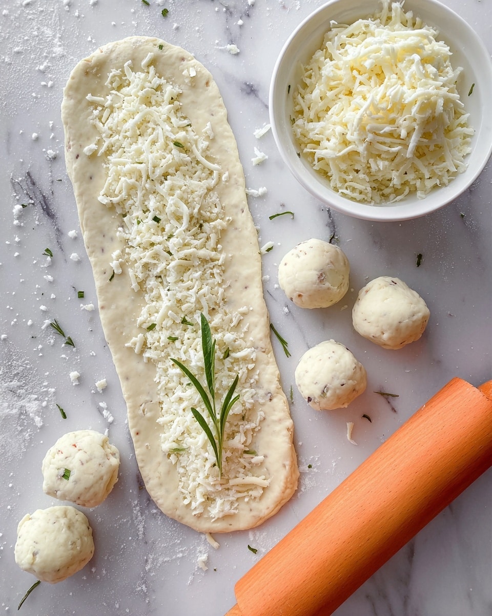 A long, thin layer of pale dough with specks inside is spread out on a white marbled surface. On top of the dough, there is a thick layer of small white grated cheese scattered unevenly, with a single fresh green herb sprig placed in the middle. Surrounding the dough are several small balls of the same dough, and to the right, there is a white bowl filled with more white grated cheese and another green herb sprig. A wooden rolling pin with a light brown handle rests at the bottom right corner of the image. Photo taken with an iphone --ar 4:5 --v 7