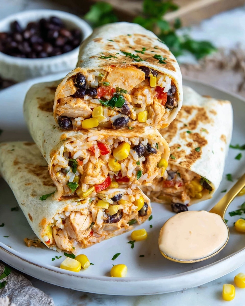 A close-up of three burrito halves stacked on a white plate, showing multiple layers inside: the outer lightly browned tortilla wraps a filling of light orange seasoned chicken pieces, black beans, yellow corn kernels, red and green bell pepper bits, and white rice mixed with fresh green herbs. The burritos are carefully cut to reveal the colorful mix of beans, corn, chicken, and rice inside. The plate sits on a white marbled surface scattered with some corn and black beans nearby and a gold spoon holding creamy sauce to the side, adding contrast to the scene. photo taken with an iphone --ar 4:5 --v 7