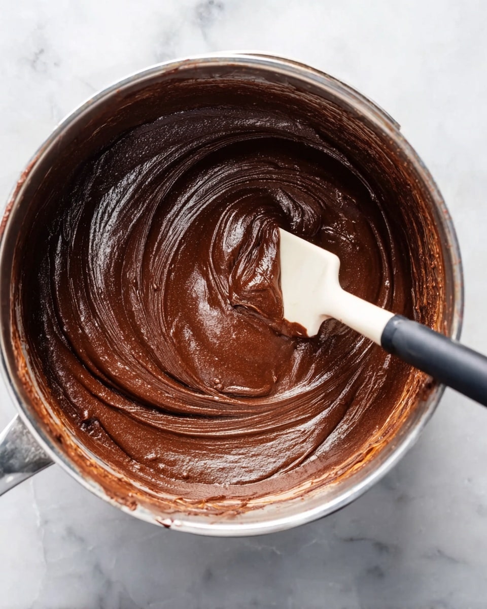 A top view of a metal pot filled with thick, smooth, dark brown chocolate batter. A white silicone spatula with a black handle is resting inside the pot, partially covered with the batter, making gentle swirling patterns on the surface. The pot sits on a white marbled surface, showing the rich texture of the chocolate mix. photo taken with an iphone --ar 4:5 --v 7