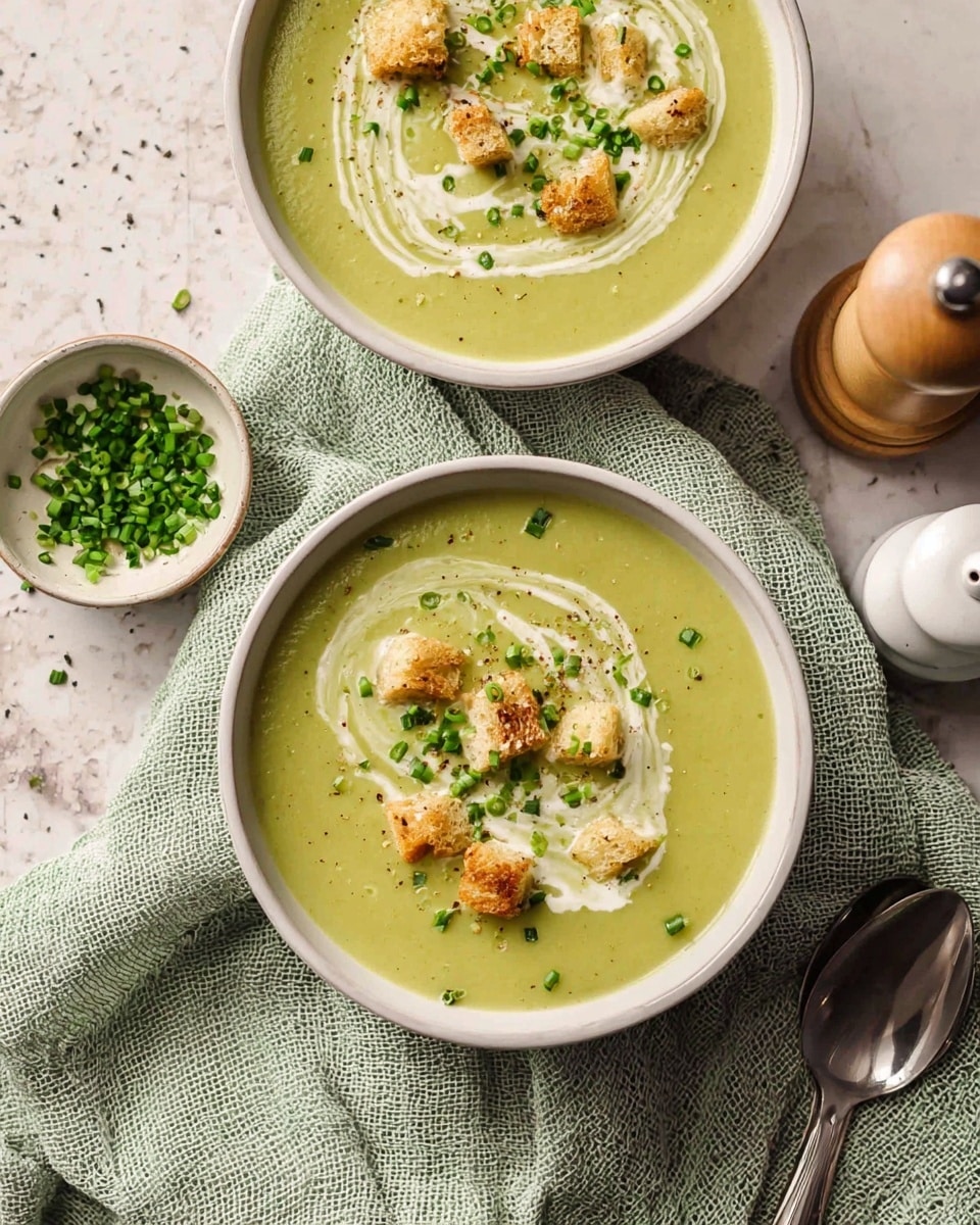 Two white bowls filled with green creamy soup are placed on a light green woven cloth over a white marbled surface. Each bowl of soup has a swirl of white cream on top, sprinkled with small green chives and small golden-brown croutons scattered evenly in the center. A small round dish of chopped green chives sits next to the bowls, with a silver spoon lying on the cloth nearby. A wooden pepper grinder and a white salt shaker are to the side, adding to the cozy setting. photo taken with an iphone --ar 4:5 --v 7