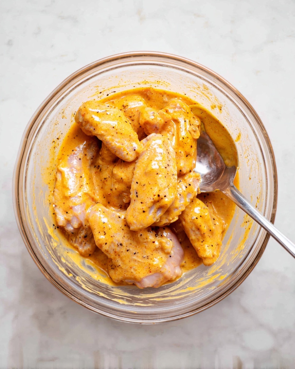 A clear glass bowl holds several pieces of raw chicken wings covered in a thick, creamy, orange-yellow marinade with small black specks visible, suggesting seasoning. The chicken pieces vary in shape and size and are mostly submerged in the sauce, with some parts slightly exposed, showing pale pinkish skin under the marinade. A silver metal spoon rests inside the bowl on the right side, partially immersed in the marinade. The bowl is set on a white marbled surface. photo taken with an iphone --ar 4:5 --v 7