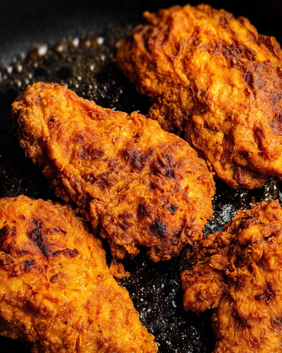 The image shows four pieces of fried chicken with a thick, crispy, golden-brown crust. The chicken pieces have uneven, textured surfaces with darker brown spots from frying. They are placed closely together on a black pan, which is shiny with small oil bubbles around the edges of the chicken. The fried coating looks crunchy and has a slightly rough, crunchy texture that covers each piece fully. The overall colors are warm shades of orange, yellow, and brown, creating a rich, appetizing look. Photo taken with an iphone --ar 4:5 --v 7