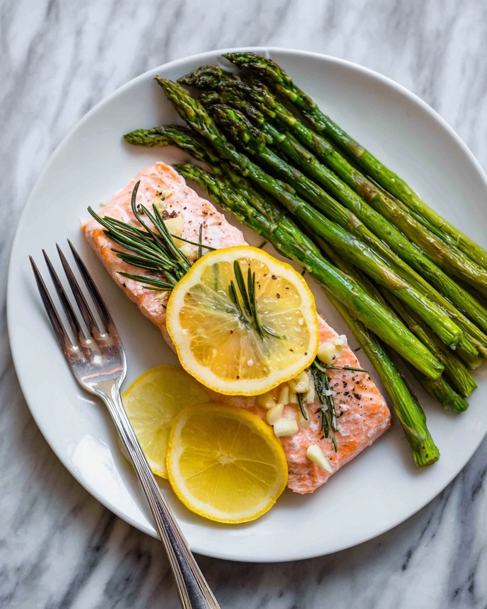The dish shows a white round plate on a white marbled surface holding a piece of cooked pink salmon topped with a thin yellow lemon slice and green rosemary sprigs, with small bits of garlic and black pepper sprinkled on the salmon. Next to the salmon, a bunch of green asparagus spears are arranged in a neat row, also garnished with a lemon slice. A silver fork is placed next to the salmon on the left side of the plate. Photo taken with an iphone --ar 4:5 --v 7