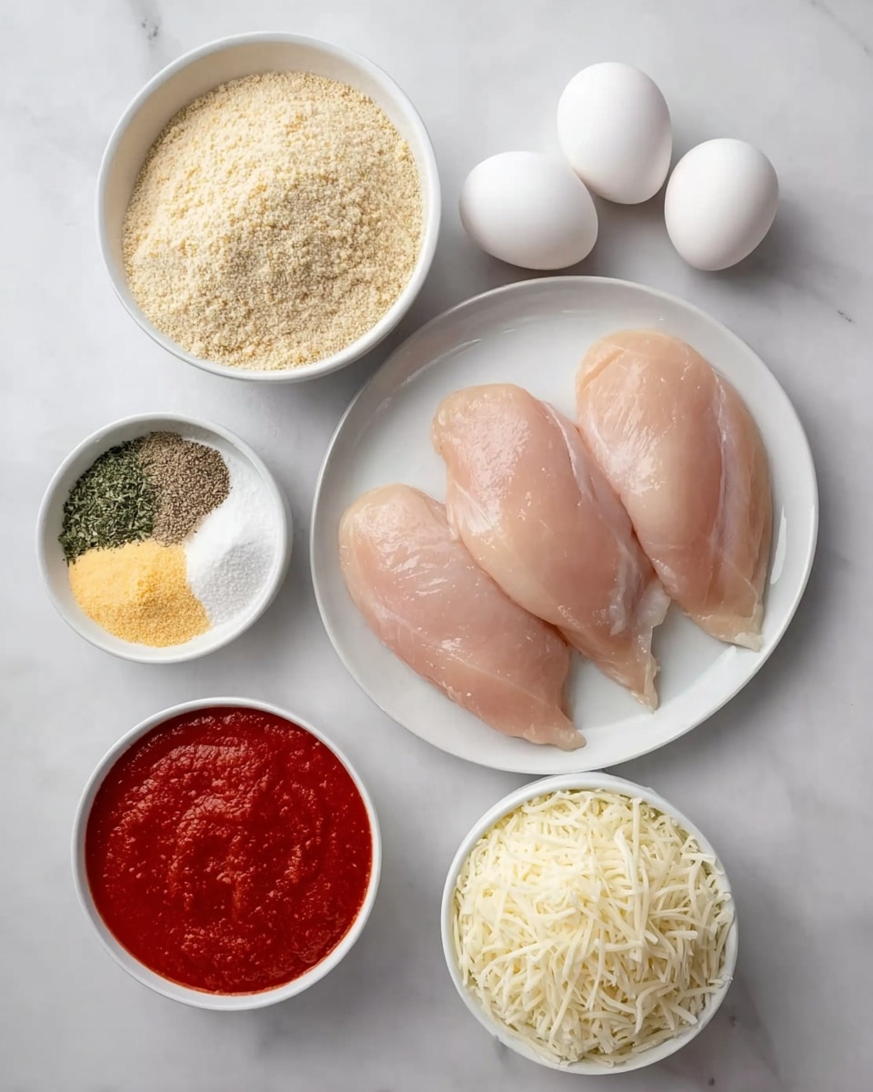 A white plate contains three raw chicken breasts, placed in a slightly overlapping arrangement. To the right side of this plate, there are three white eggs arranged in a triangle. Above the chicken, a white bowl holds several dry ingredients separated into distinct piles by color and texture: a large mound of light brown breadcrumbs, smaller mounds of yellow cheese powder, green herbs, and black pepper. Below the chicken plate, two more white bowls are present; the one on the left contains a smooth red tomato sauce, and the one on the right is filled with shredded white cheese. All items are placed on a white marbled surface. Photo taken with an iphone --ar 4:5 --v 7