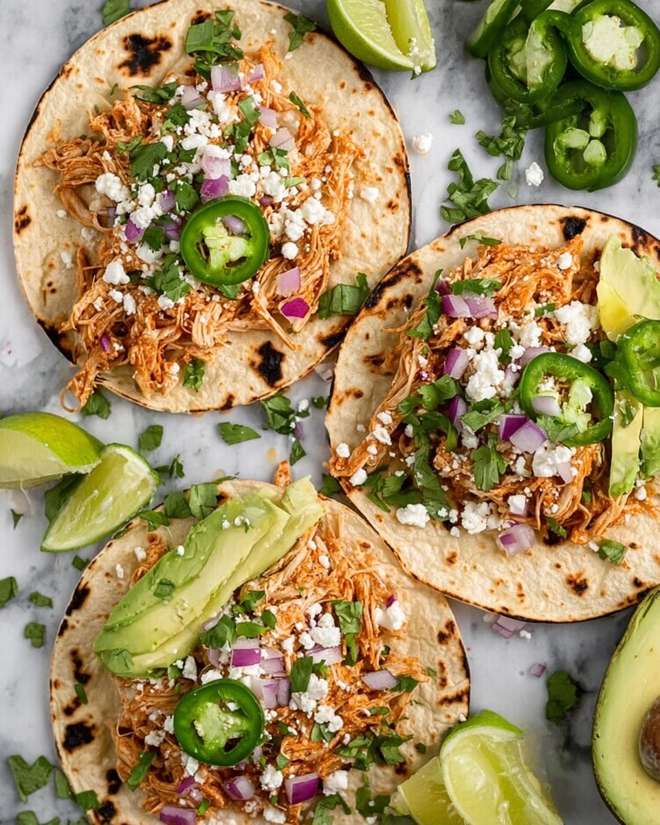 Three soft white tortillas are laid out on a white marbled surface, each topped with shredded seasoned chicken as the base layer. On top of the chicken, there are small bits of white crumbly cheese, finely chopped red onion pieces, and sprinkles of fresh green cilantro. Each tortilla also has slices of fresh green jalapeño peppers and small chunks of light green avocado placed casually around. Lime wedges and extra jalapeño slices are scattered on the side. The overall look is colorful and fresh, with the tortillas slightly charred around the edges. photo taken with an iphone --ar 4:5 --v 7