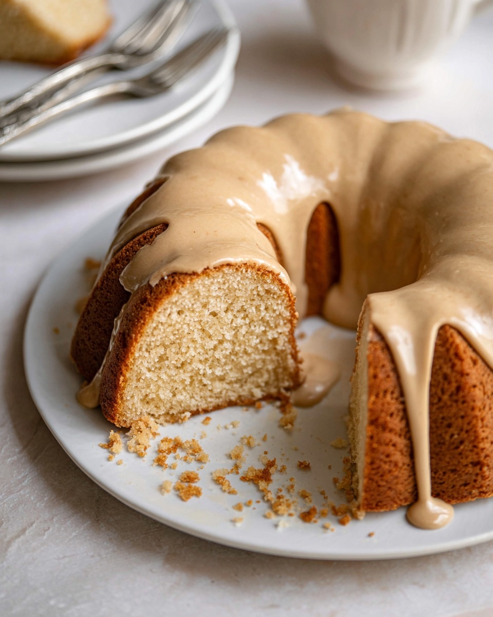 The image shows a round bundt cake with one thick layer of smooth, light brown icing dripping slightly down the sides. The cake itself is light golden brown, with a soft and crumbly texture visible on the cut slice. The cake sits on a plain white plate, with some crumbs scattered around it. In the background, there is a white marbled surface and a white plate, along with silver forks placed nearby. The lighting highlights the cake's soft texture and glossy icing. photo taken with an iphone --ar 4:5 --v 7
