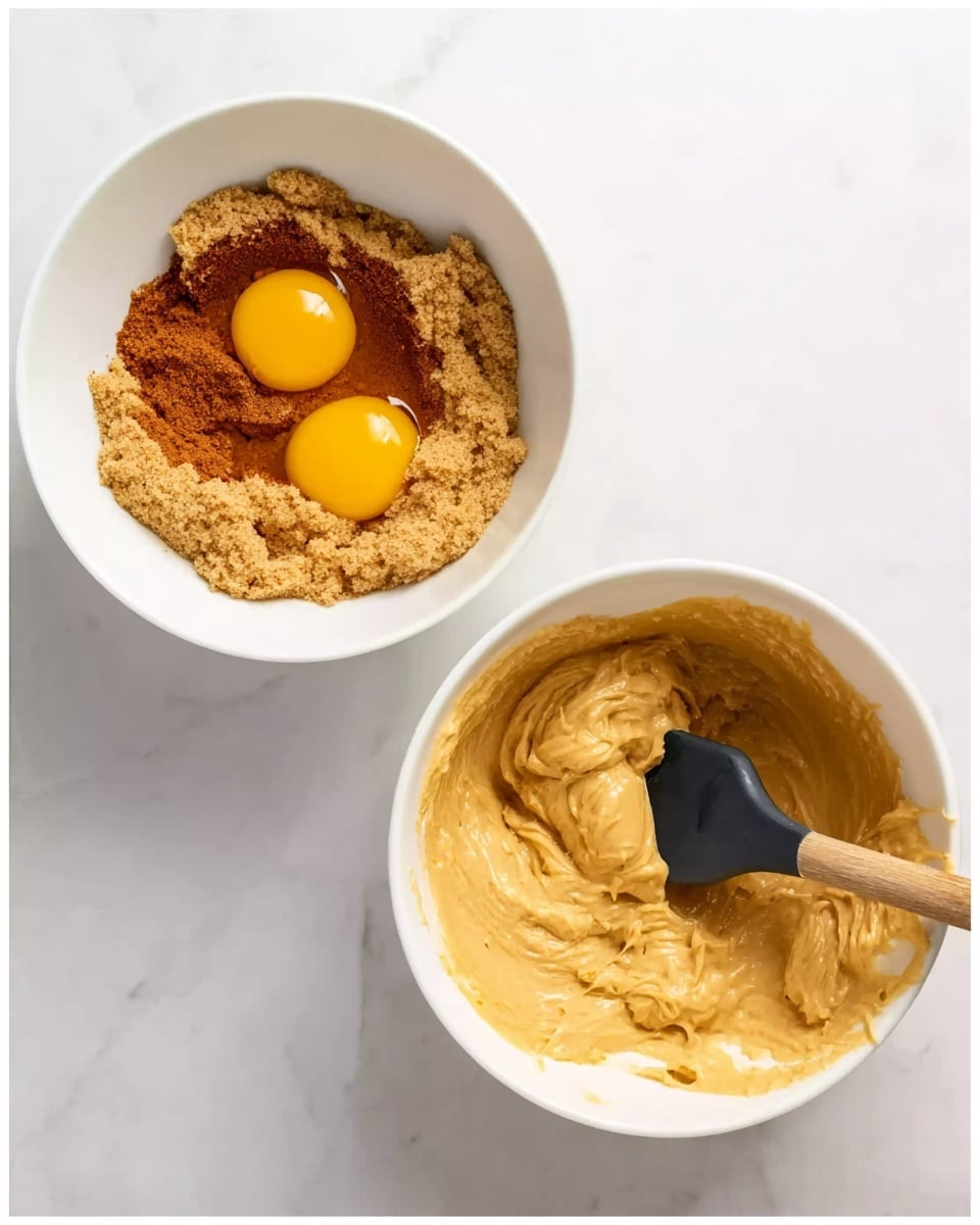 The image shows two white bowls on a white marbled surface. The bowl on the left is filled with a mixture of brown sugar and two raw egg yolks on top, with the textures contrasting between the slightly grainy sugar and smooth egg yolks. The bowl on the right shows a creamy, light brown batter being mixed with a black spatula that has a wooden handle, with smooth and even consistency, resting inside the bowl. photo taken with an iphone --ar 4:5 --v 7