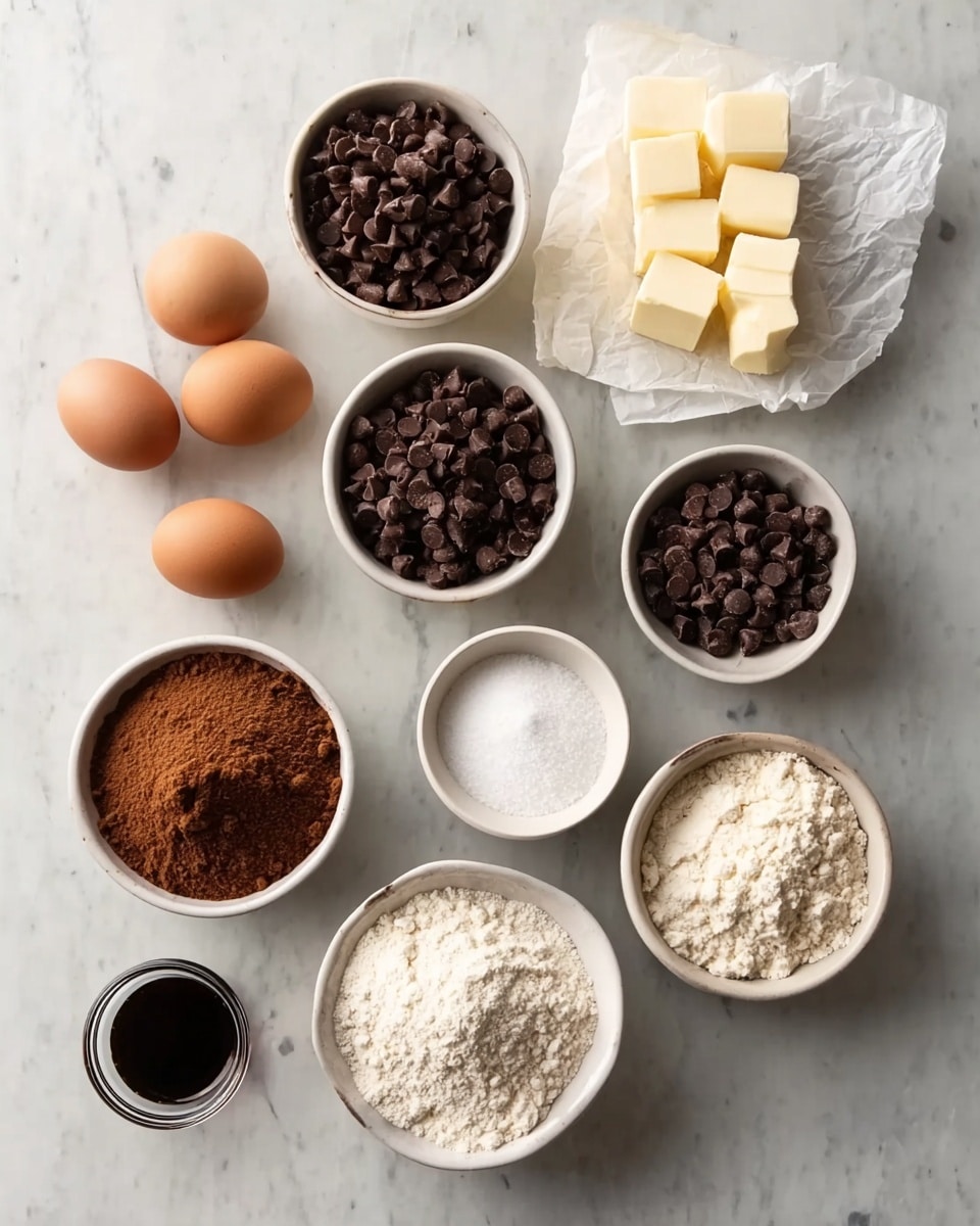 The image shows an arrangement of baking ingredients on a white marbled surface. There are eight separate white bowls and a piece of parchment paper holding butter cubes in the top center. The bowls contain dark brown chocolate chips, two brown eggs, white sugar mixed with brown sugar, cocoa powder, white flour, smaller dark chocolate chips, and a small bowl of baking soda or powder. At the bottom left is a small glass container with dark vanilla extract. All items are neatly spaced in a grid-like pattern, with varied textures from powdery flour to smooth eggs to chunky chocolate chips. Photo taken with an iphone --ar 4:5 --v 7