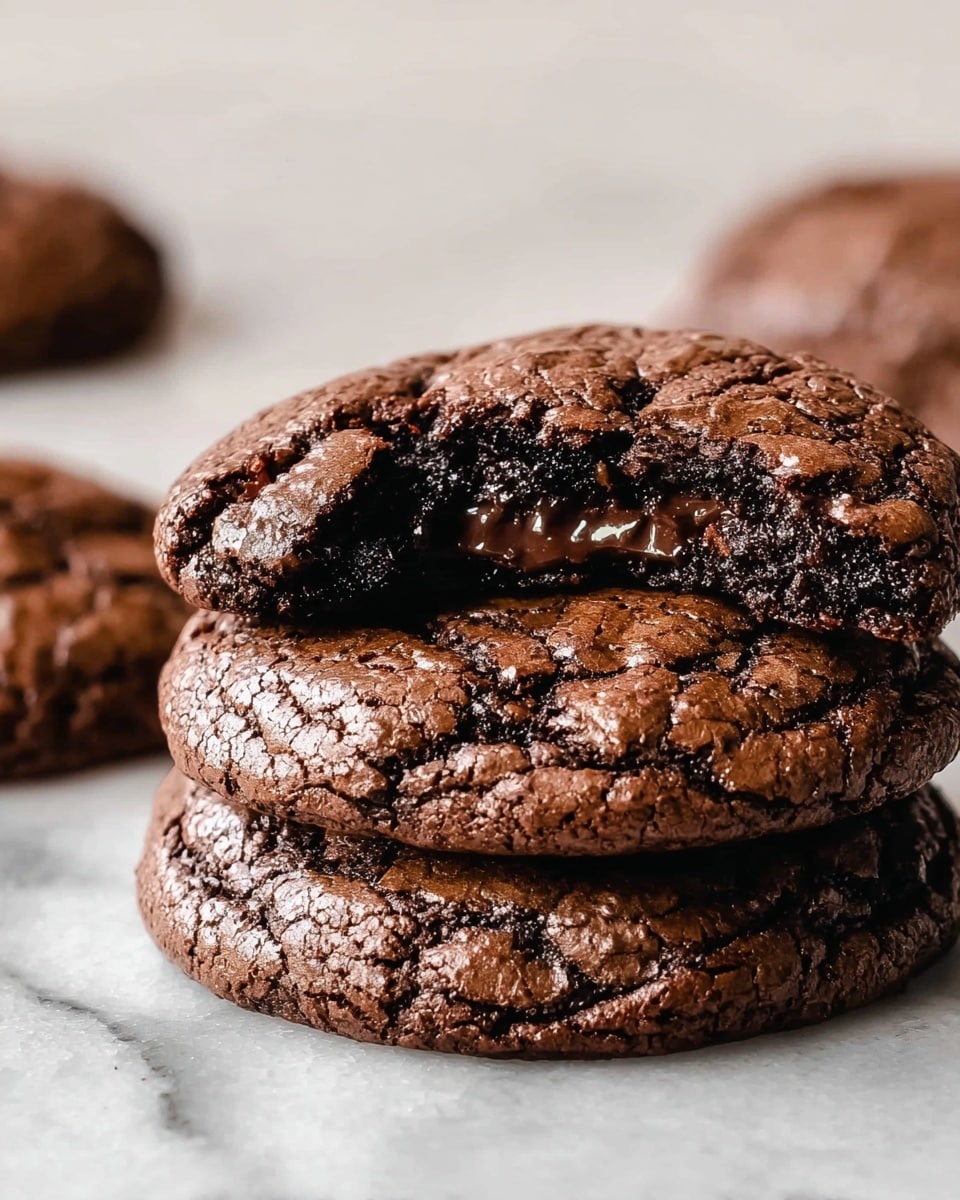 The image shows a stack of three dark brown chocolate cookies with a cracked surface, giving them a rough texture. On the top cookie, there is a bite taken out, revealing a moist, dense, and slightly shiny inside. The cookies are placed on a white marbled surface with a soft light highlighting their rich brown color and uneven edges. In the background, more cookies are slightly blurred, adding depth to the image. photo taken with an iphone --ar 4:5 --v 7