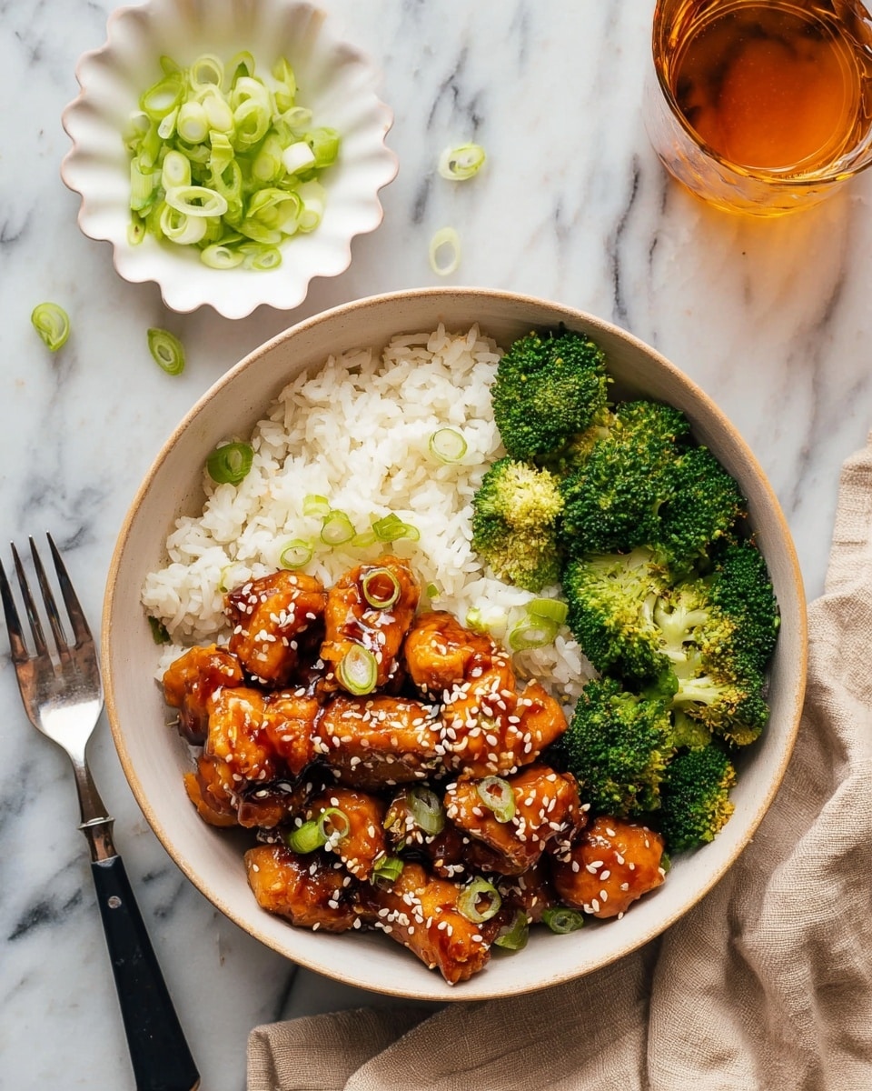 A white bowl contains three layers: at the bottom is a layer of white rice with a soft and fluffy texture, on one side there are bright green steamed broccoli florets with a fresh look, and the main top layer is made up of glossy, saucy golden-brown chicken chunks sprinkled with white sesame seeds and small green onion slices. The bowl sits on a white marbled surface with a beige cloth partially under it. Nearby, there is a small white scalloped dish filled with sliced green onions, a fork with a black handle, and a glass of amber-colored drink. Photo taken with an iphone --ar 4:5 --v 7