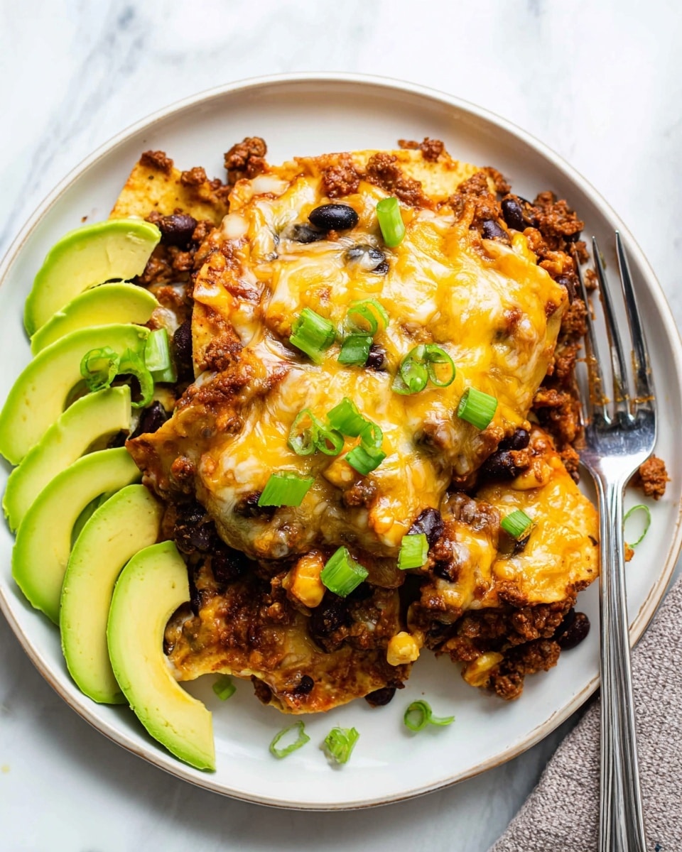 A white plate is filled with two layers of baked nachos. The bottom layer has crispy chips covered with cooked brown ground meat mixed with black beans and small bits of yellow corn. The top layer is melted yellow and white cheese bubbling and spread unevenly over the meat and beans. Green sliced scallions are scattered on top of the cheese, adding fresh bright green spots. On the left side of the plate, there are several slices of light green avocado, slightly curved and placed close together. A silver fork rests at the bottom edge of the plate, touching the nachos. The plate is set on a white marbled surface. Photo taken with an iphone --ar 4:5 --v 7