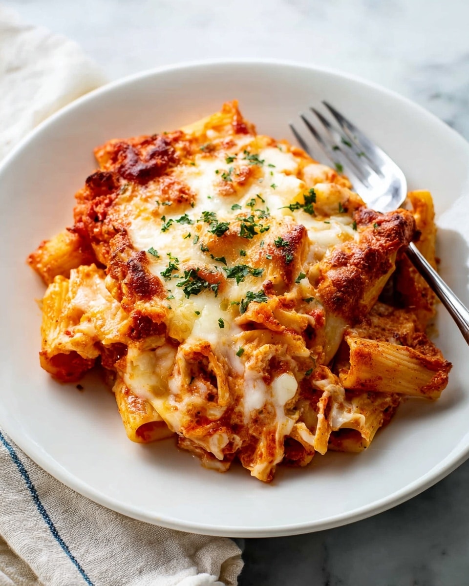 The image shows a white plate filled with baked pasta layered in rich tomato sauce and melted cheese. The pasta is rigatoni, cooked and mixed with layers of red tomato sauce, creamy white melted cheese, and a sprinkle of green herbs on top. The cheese is golden and bubbly, with some browned spots, adding texture. The pasta is piled in the center with a silver fork resting on the edge of the plate. The plate sits on a white marbled surface with a cloth napkin partially visible. photo taken with an iphone --ar 4:5 --v 7