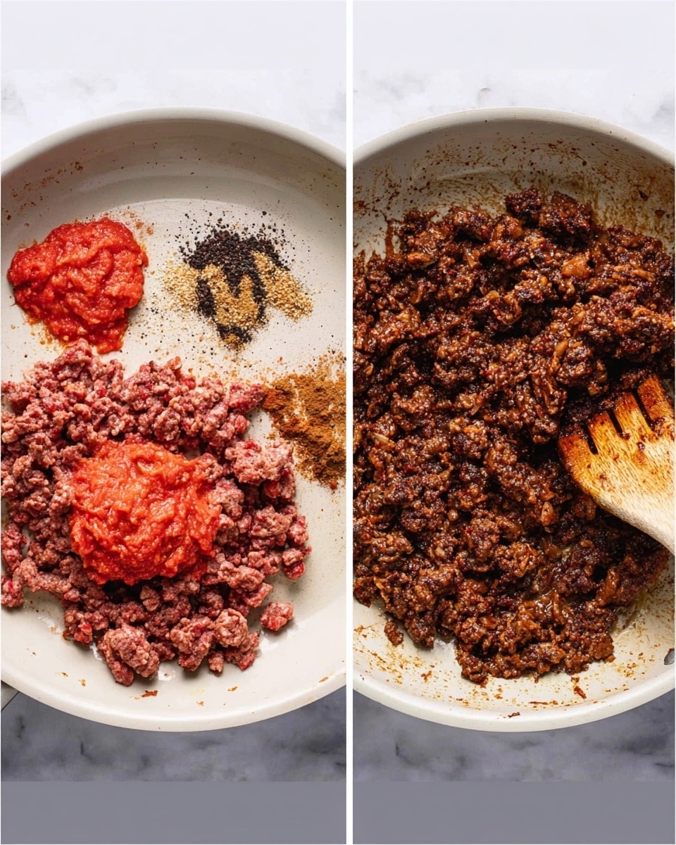 Two side-by-side images show the cooking process of ground beef with spices in a white pan on a white marbled surface. The left image shows raw ground beef with a dollop of bright red tomato paste, black pepper, white salt, and other brownish spices scattered on top, alongside a wooden spatula with some tomato paste on it. The right image shows the same pan with the beef cooked to a dark brown color, coated evenly with the mixed spices and tomato paste, and the wooden spatula is stirring the beef, which looks moist and richly colored. Photo taken with an iphone --ar 4:5 --v 7