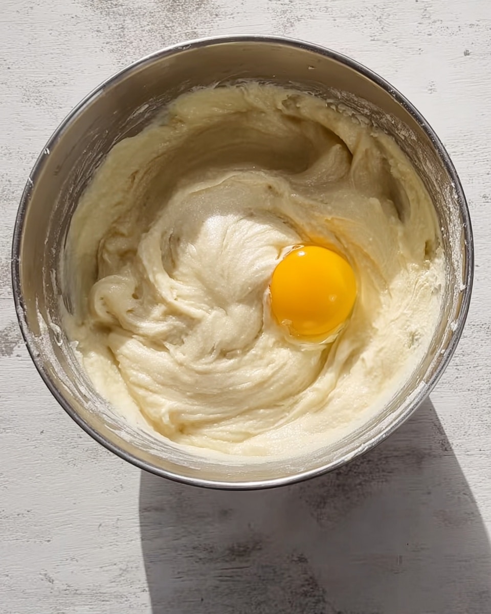 The image shows a silver mixing bowl filled with a creamy, light beige batter. One cracked yellow egg is sitting on top of the batter but not yet mixed in. The texture of the batter looks smooth and soft, with some swirls made from stirring. The bowl is placed on a white marbled surface with bright natural light making the batter and egg look fresh and ready to be mixed further. photo taken with an iphone --ar 4:5 --v 7