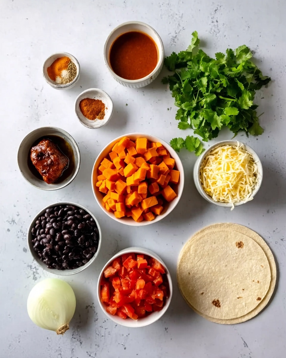 The image shows nine ingredients arranged neatly on a white marbled surface. In the center, there is a white bowl filled with small pieces of orange cooked carrots. To the top right, a bunch of fresh green cilantro leaves rests thoughtfully. Above the carrots, there is a small white bowl with a reddish-brown sauce. On the left side near the top, another white dish holds a mix of dry spices, light brown and reddish in color. Below it, a small bowl contains a dark brown piece of cooked meat in sauce. Below the carrots and slightly to the left, there is a half white onion with the skin partially removed. Next, a white bowl of shiny black beans is placed near the bottom left, and next to it at the bottom center is a white bowl filled with chopped red tomatoes. To the right, a smaller white bowl holds some creamy shredded cheese. Finally, on the right side, one white corn tortilla lies flat on the surface with a slight patterned texture. Photo taken with an iphone --ar 4:5 --v 7