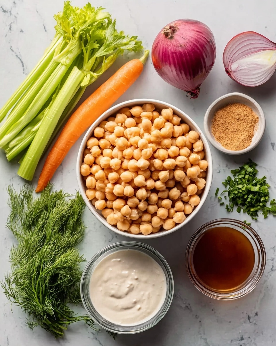 A white bowl filled to the top with round, beige chickpeas sits at the center on a white marbled surface. Around the bowl, there is a bunch of green celery stalks on the left, a bright orange carrot leaning next to the celery, and fresh green parsley and dill sprigs near the top left. At the top right, half of a purple-red onion with visible white layers is placed. Near the top center, there is a small white bowl filled with light brown spice. Below the chickpeas bowl are two clear glass bowls, one with thick white creamy sauce and the other with dark reddish-brown liquid. The lighting is bright and clear, showing all the colors and textures well. photo taken with an iphone --ar 4:5 --v 7