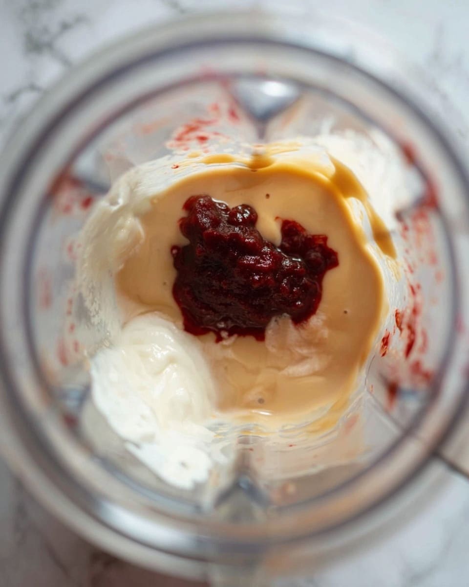 Inside a clear blender jar, there are three main layers: a thick white creamy base forming most of the bottom and sides, a smooth light beige liquid pooling in the center, and on top of this liquid, a dark red chunky piece sits in the middle with some splashes around it. The focus is close-up and from above, capturing the mix of textures and colors clearly. The background shows a white marbled texture. Photo taken with an iphone --ar 4:5 --v 7