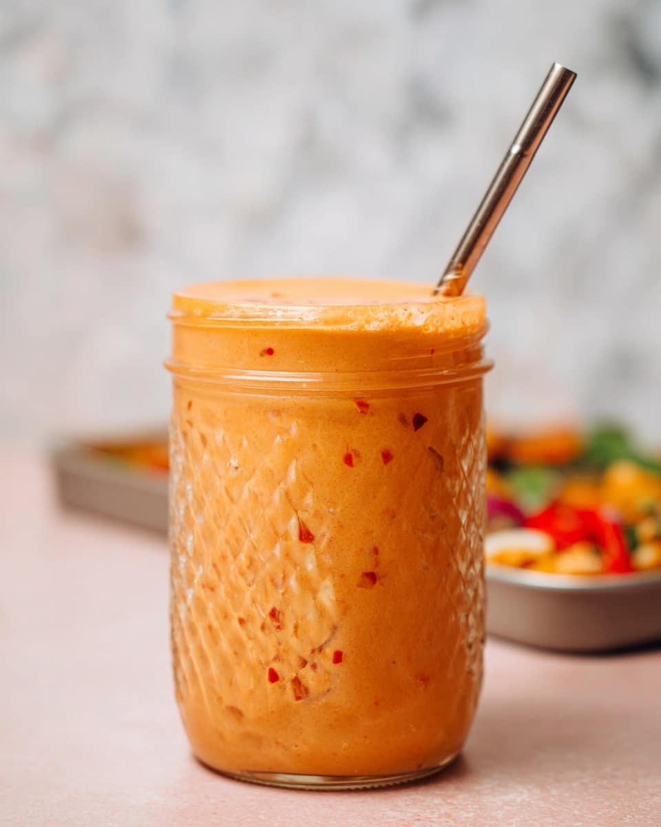 A close-up image of a textured glass jar filled with a thick, creamy orange sauce with small red specks spread evenly throughout. The sauce is slightly overflowing from the top edge of the jar, giving a foamy, bubbly appearance at the rim. A metal straw is placed inside the jar at an angle on the right side. The jar is set on a light pink surface with a blurred tray of colorful food in the background, all against a white marbled texture backdrop. photo taken with an iphone --ar 4:5 --v 7