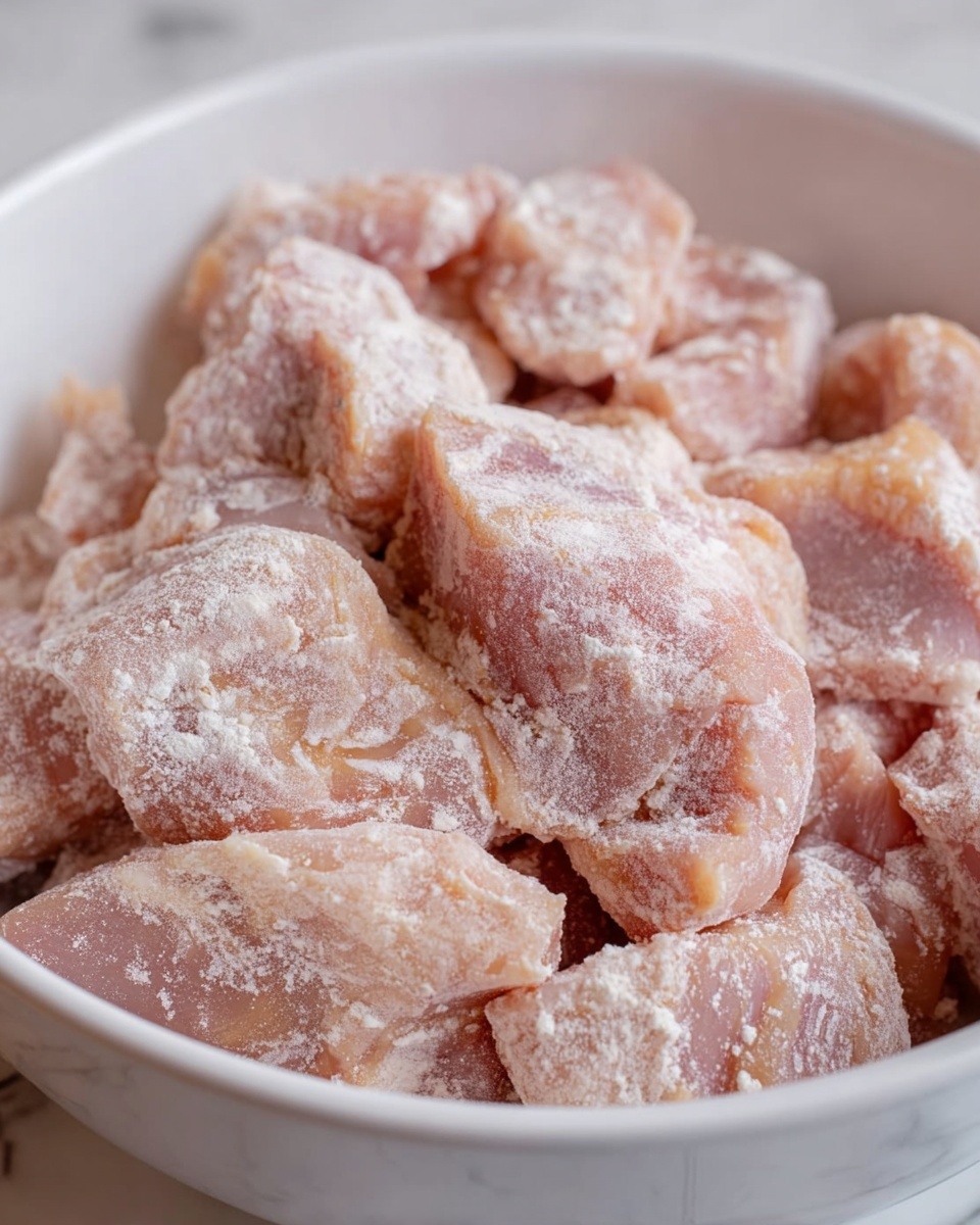 The image shows a close-up of a white bowl filled with raw chicken pieces coated evenly with a light layer of white flour. The chicken pieces are irregular in shape and mostly pale pink with some darker pink areas, with the flour adding a powdery, slightly textured look over the surface. The bowl is placed on a white marbled surface that adds a clean and simple background to the scene. photo taken with an iphone --ar 4:5 --v 7