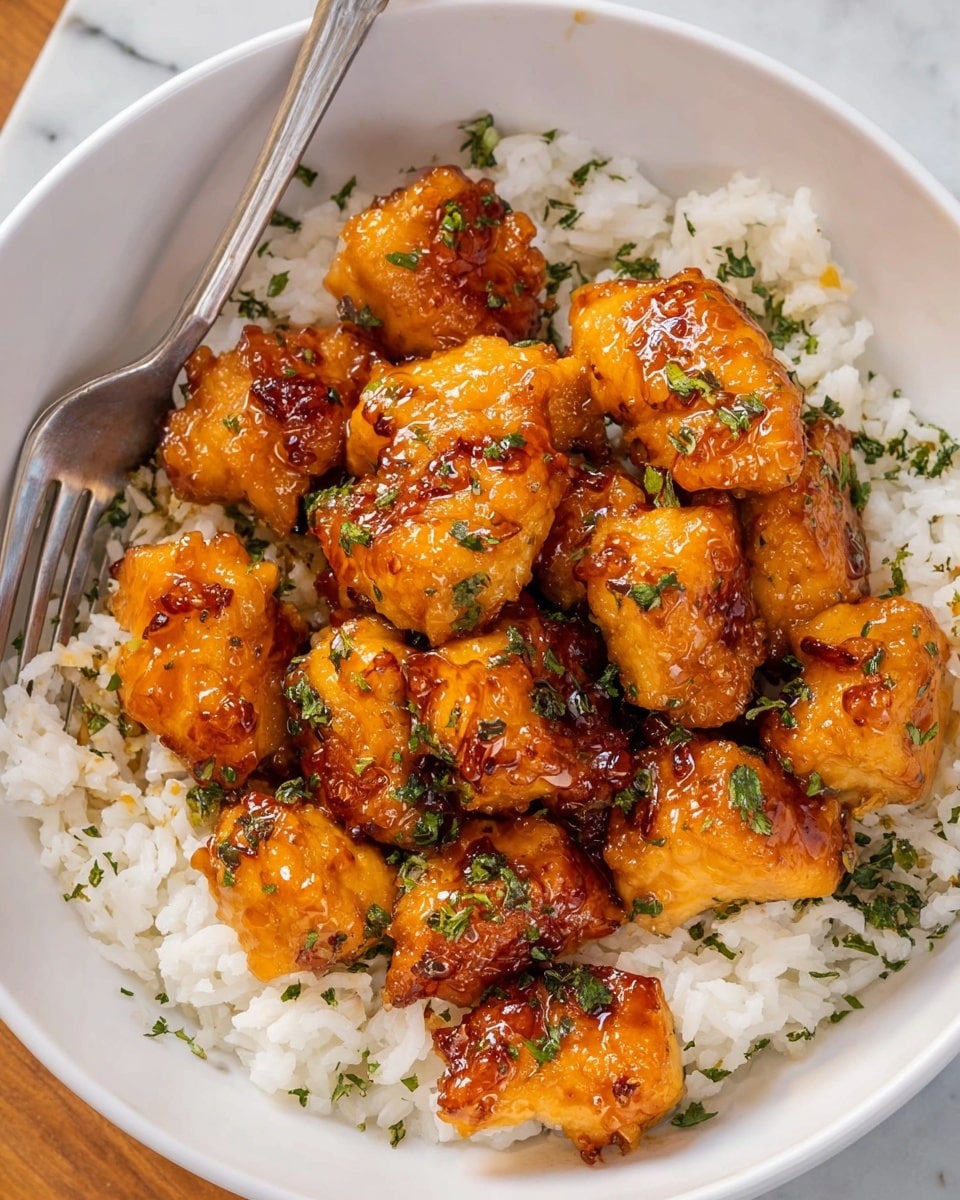 A white bowl filled with a bed of fluffy white rice forms the bottom layer, topped with golden-brown chunks of glazed chicken that have a shiny, sticky texture with small green herb sprinkles scattered on top. The chicken pieces have a slightly crispy look with a rich caramelized color, and a silver fork is resting inside the bowl on the left side. The bowl is placed on a white marbled surface. photo taken with an iphone --ar 4:5 --v 7
