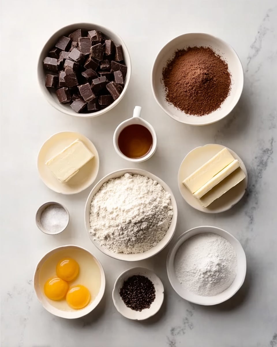The image shows nine bowls and containers with different baking ingredients arranged neatly on a white marbled surface. At the top left, there is a white bowl filled with dark chocolate pieces. Next to it, in the middle at the top, is a small white cup with a brown liquid. To the top right, a white bowl holds cocoa powder. In the center is a white bowl with a heap of white flour. To the right of the flour, there are two white sticks of butter placed side by side. Toward the bottom left, a small white bowl contains salt, and below the flour, there's a white bowl with three egg yolks mixed with whites. Near the bottom center is a tiny white bowl filled with a dark powder, likely coffee or cocoa. Finally, at the bottom right, there is a white bowl with white granulated sugar. The setup is clean and organized, perfect for baking preparation, photo taken with an iphone --ar 4:5 --v 7