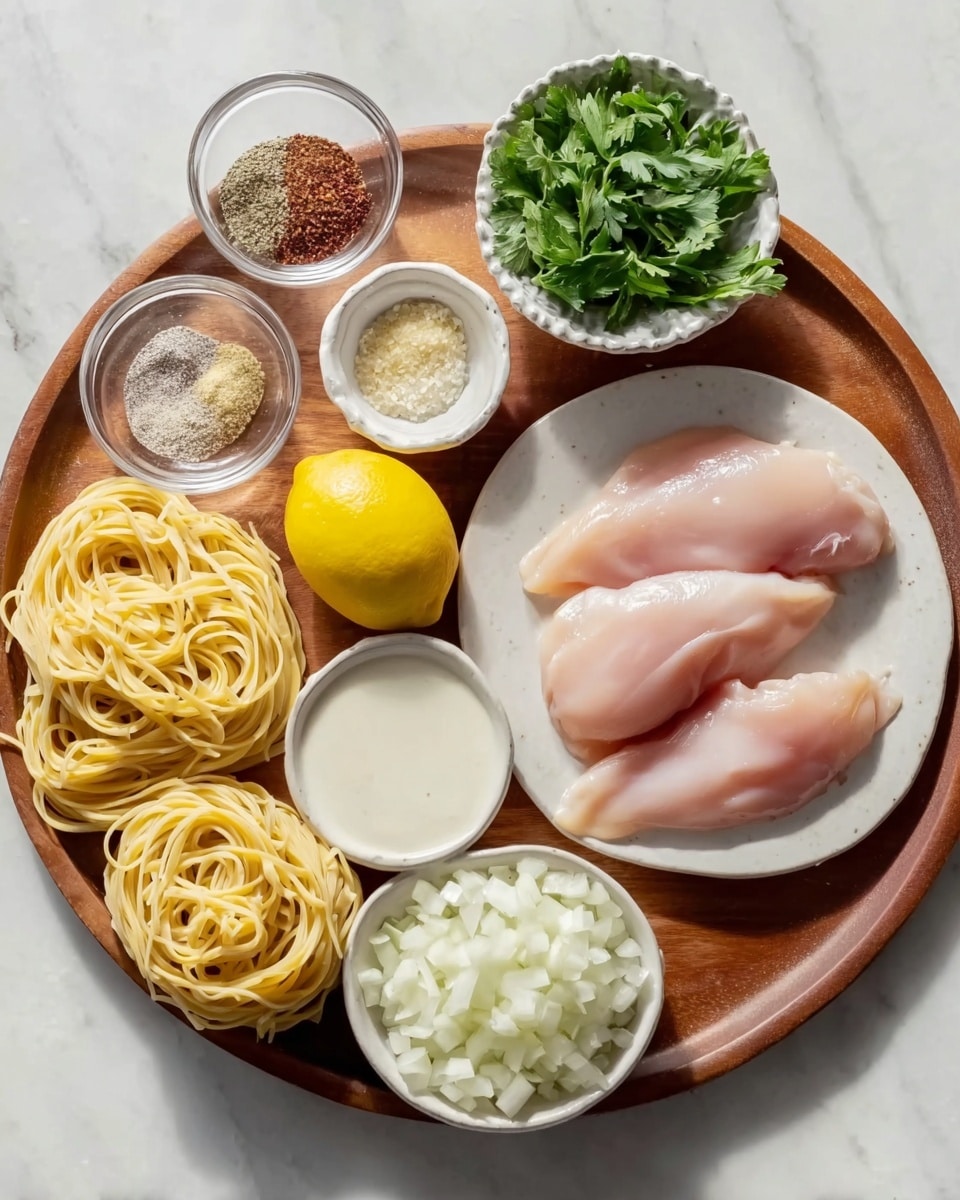 A round wooden tray holds a white plate with two raw pale pink chicken breasts sliced thin, placed at the bottom right of the tray. To the left, there are light yellow nests of uncooked pasta. Above the pasta, a small white textured bowl holds fresh green parsley leaves. Next to it, a whole bright yellow lemon rests on the tray. At the top left, a clear glass bowl has three sections of different dry spices and salt: brown, dark red, and white. To the right of this, a white bowl is filled with chopped white onions. Below the onion bowl, a small white bowl contains grated pale yellow garlic. At the bottom center on the tray, a white bowl filled with thick white cream sits beside a small clear bowl with light beige liquid. The image is set on a white marbled surface photo taken with an iphone --ar 4:5 --v 7