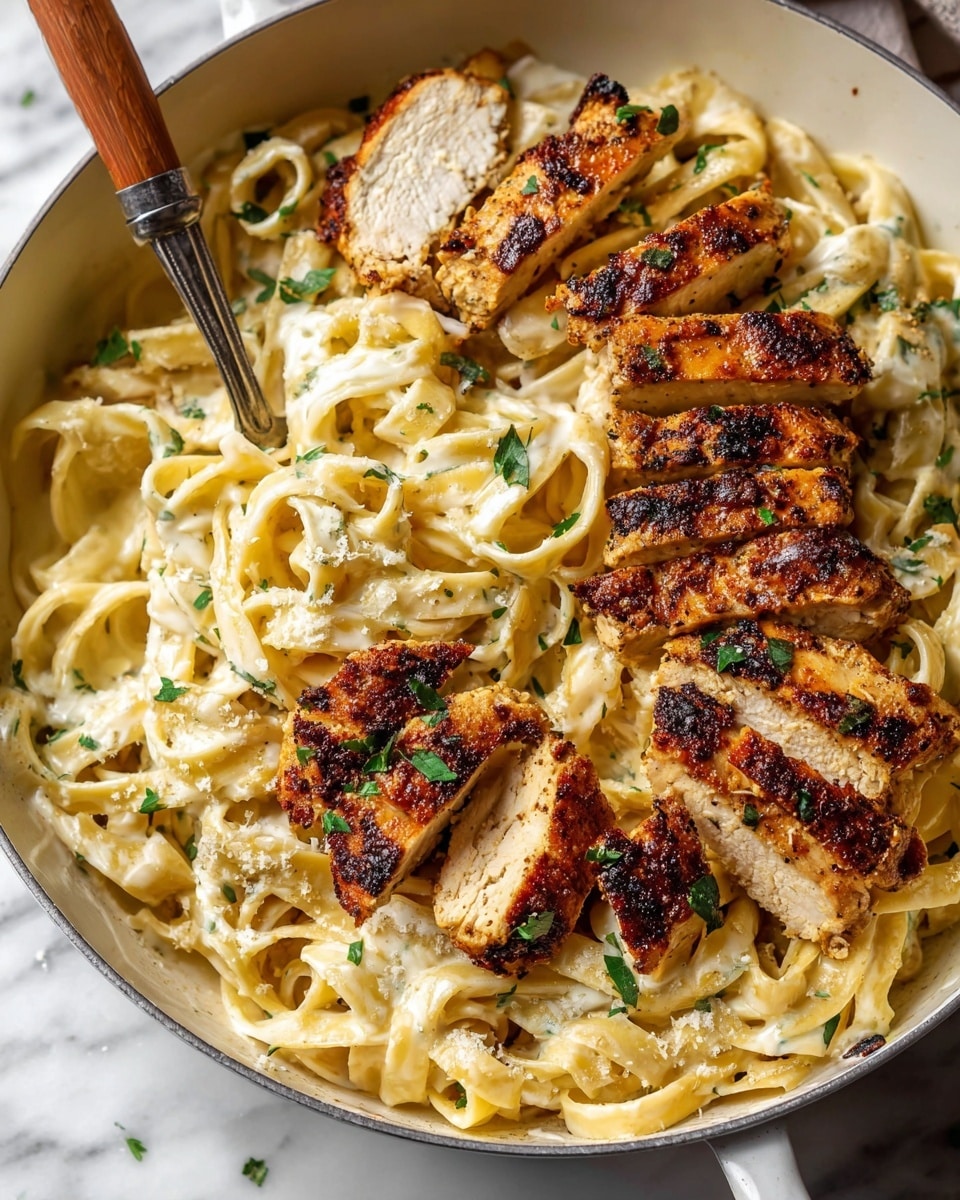 A white pan filled with creamy fettuccine pasta coated in a smooth, light yellow sauce sprinkled with green herbs, twisted around a silver and wooden fork in the center. Surrounding the pasta are several pieces of golden-brown grilled chicken with a slightly charred crust, sliced into thick strips and garnished with small bits of green herbs and coarse salt. The white marbled surface below adds a clean and bright contrast to the warm colors of the dish. photo taken with an iphone --ar 4:5 --v 7