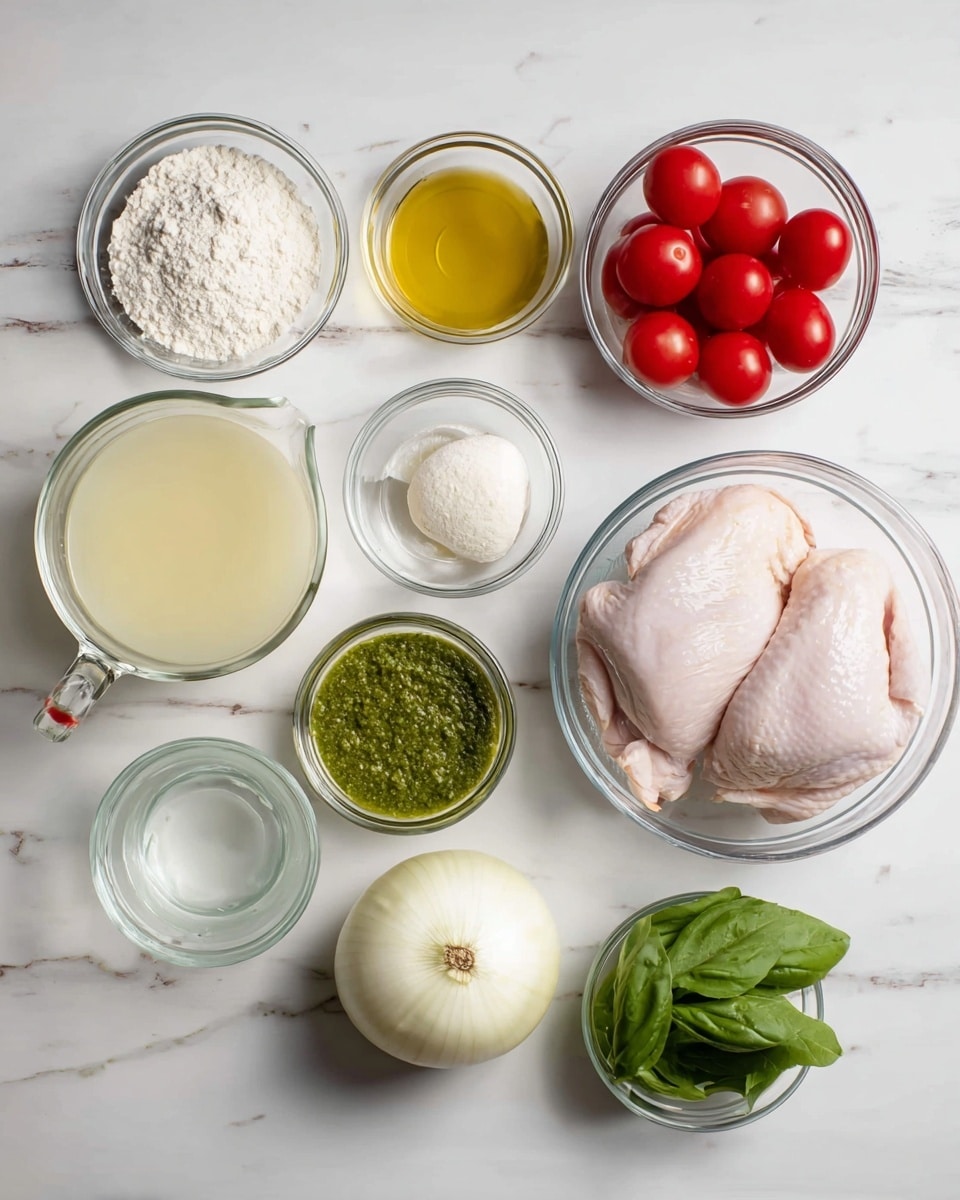 The image shows ingredients for cooking, placed neatly on a white marbled surface. There is a large clear glass bowl on the right side with two raw chicken pieces that have a pale pink color and smooth texture. Around it, smaller clear glass bowls hold different items: bright red cherry tomatoes, white powdery flour, golden yellow oil, vibrant green pesto sauce, dark green fresh basil leaves, and milky white garlic cloves. Two clear measuring cups contain a pale yellow broth and a white liquid, possibly milk. At the bottom center, a whole white onion is placed on the surface, showing its smooth skin and round shape. All items are arranged with enough space between them to clearly see each ingredient. Photo taken with an iphone --ar 4:5 --v 7